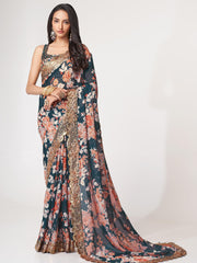 Fascinating Dove Blue Floral Printed Organza Events Wear Saree With Blouse
