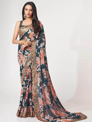 Fascinating Dove Blue Floral Printed Organza Events Wear Saree With Blouse