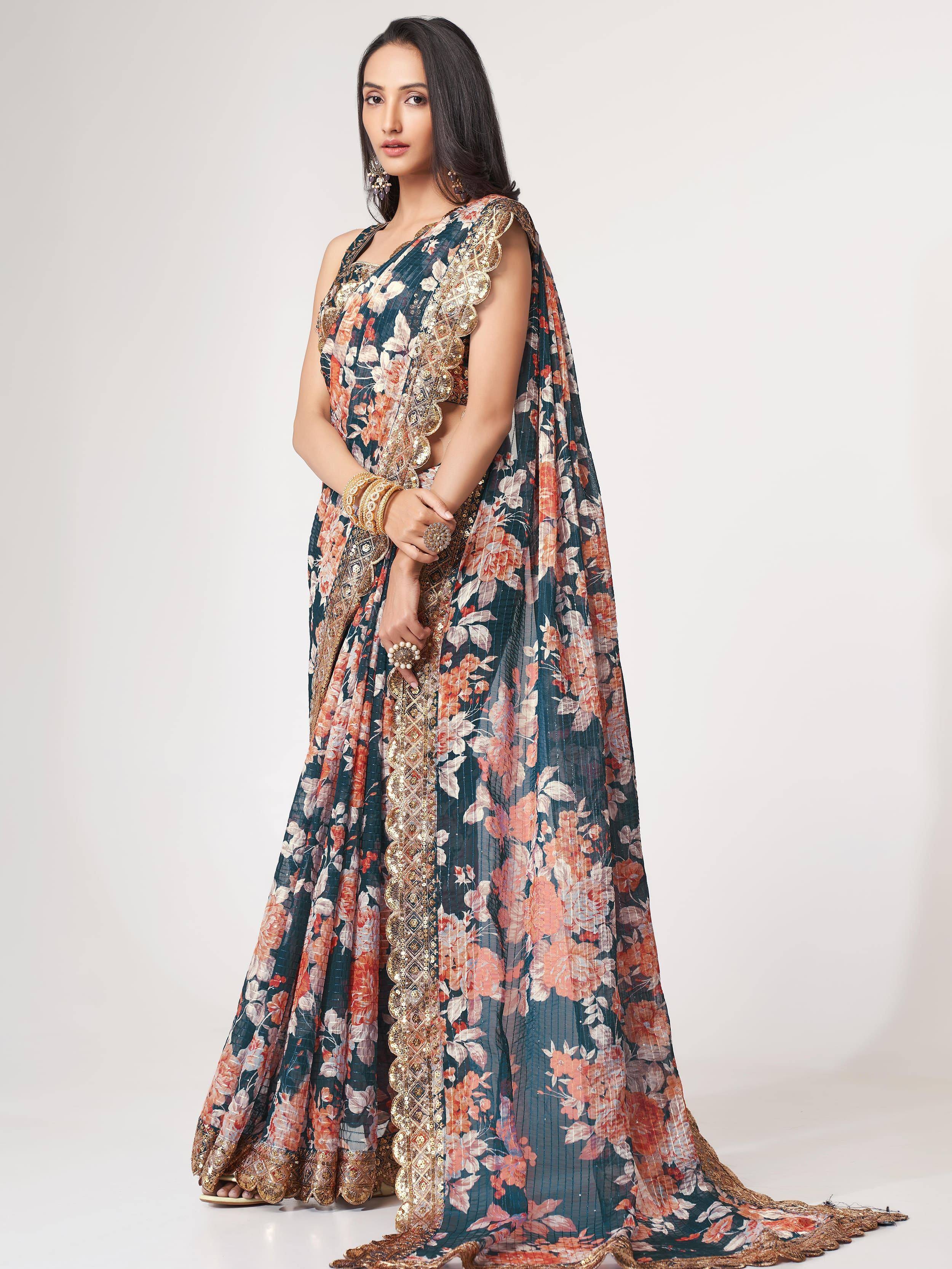 Floral print lehenga choli with gold embroidery, Indian ethnic wear for women