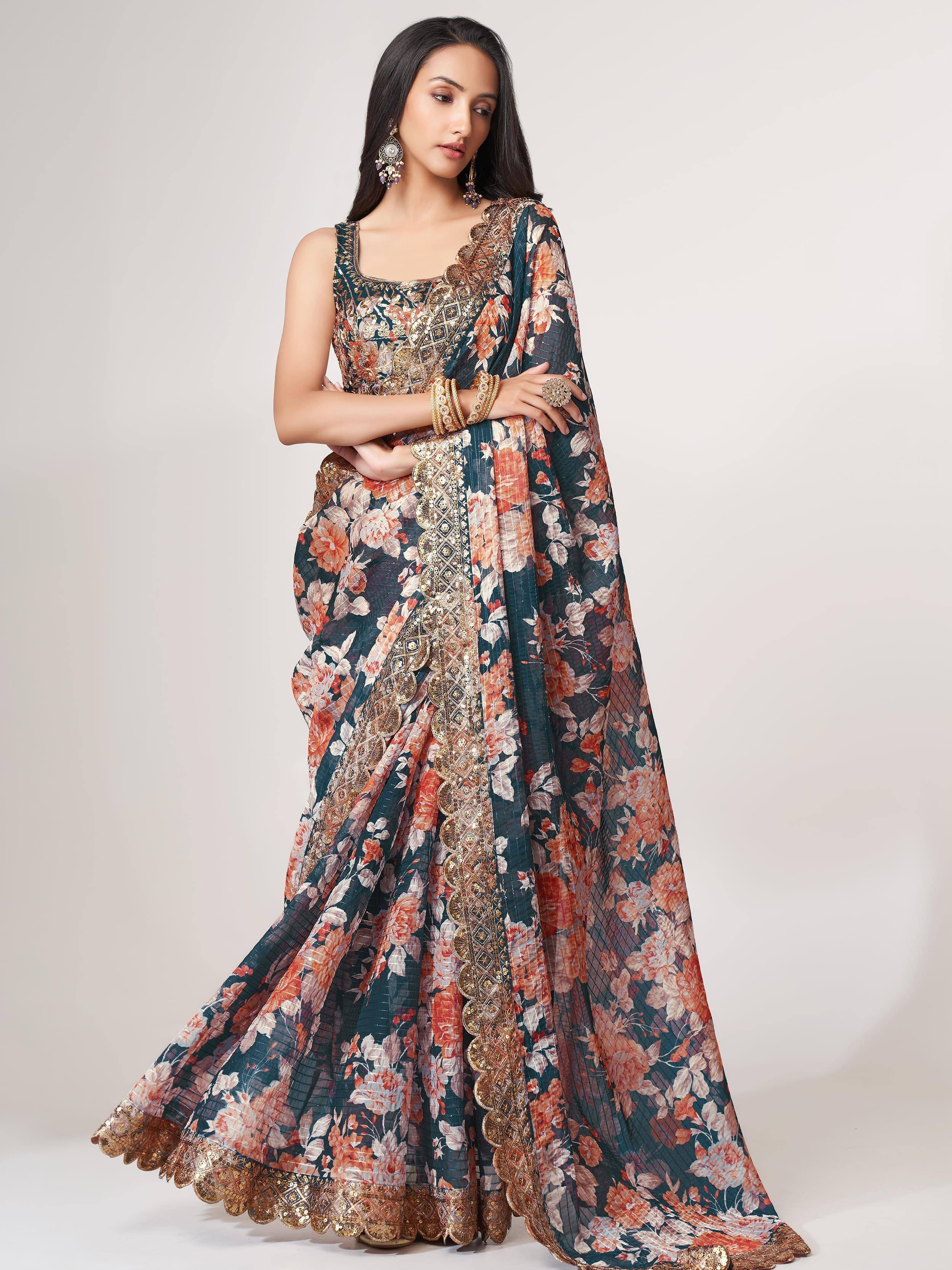 Floral printed designer lehenga choli with gold embroidery, perfect for Indian ethnic occasions