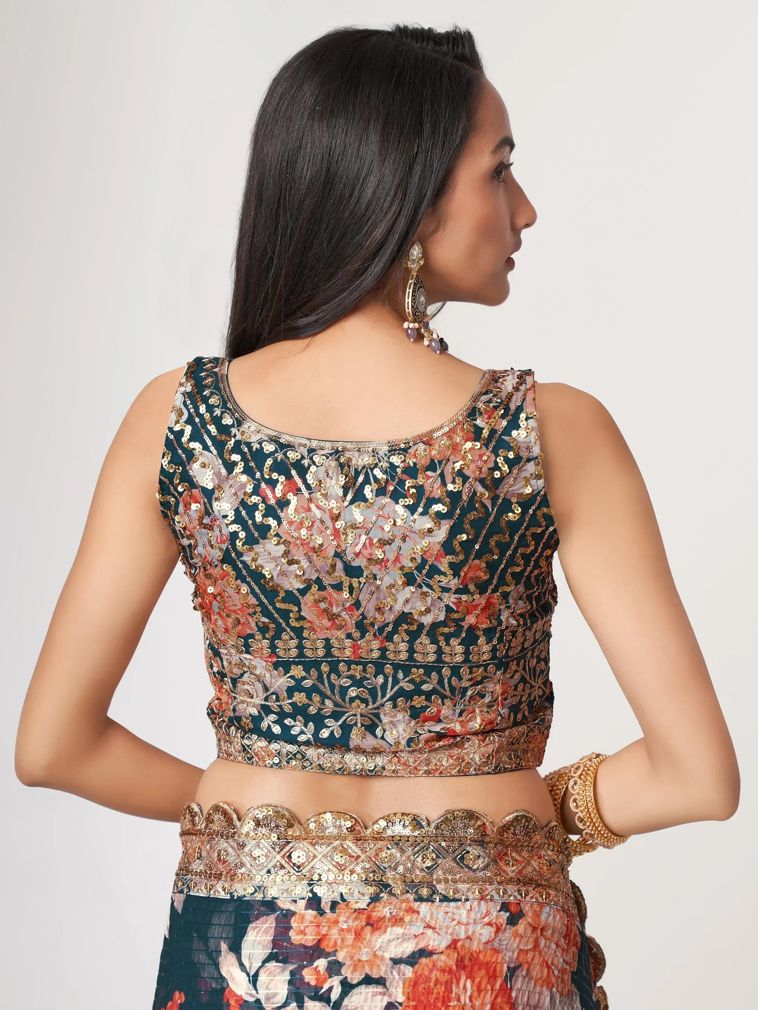 Floral sequin lehenga choli with gold embroidery, back view, ethnic Indian wear