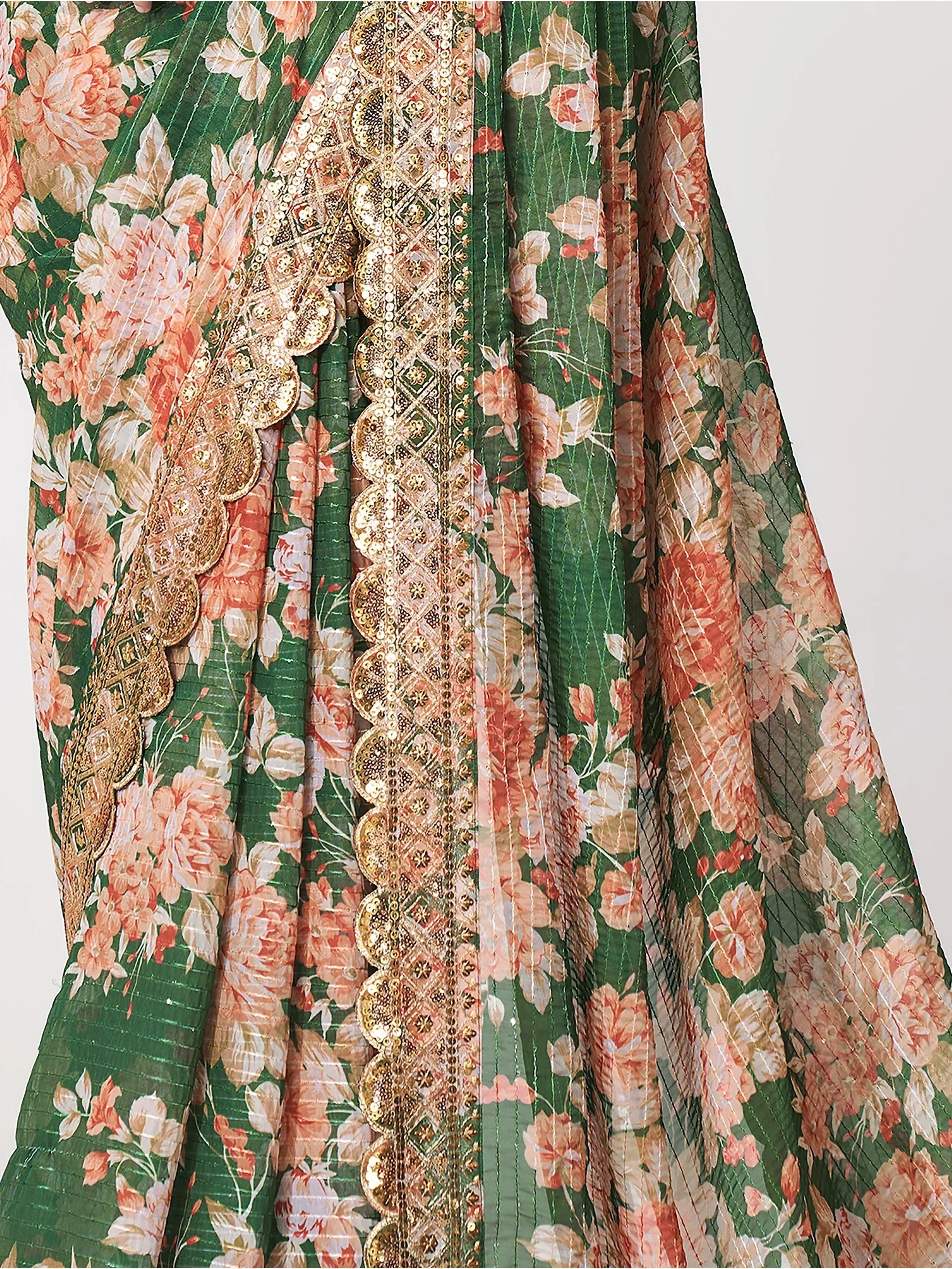Green floral ethnic gown with gold sequin embroidery and pleated design