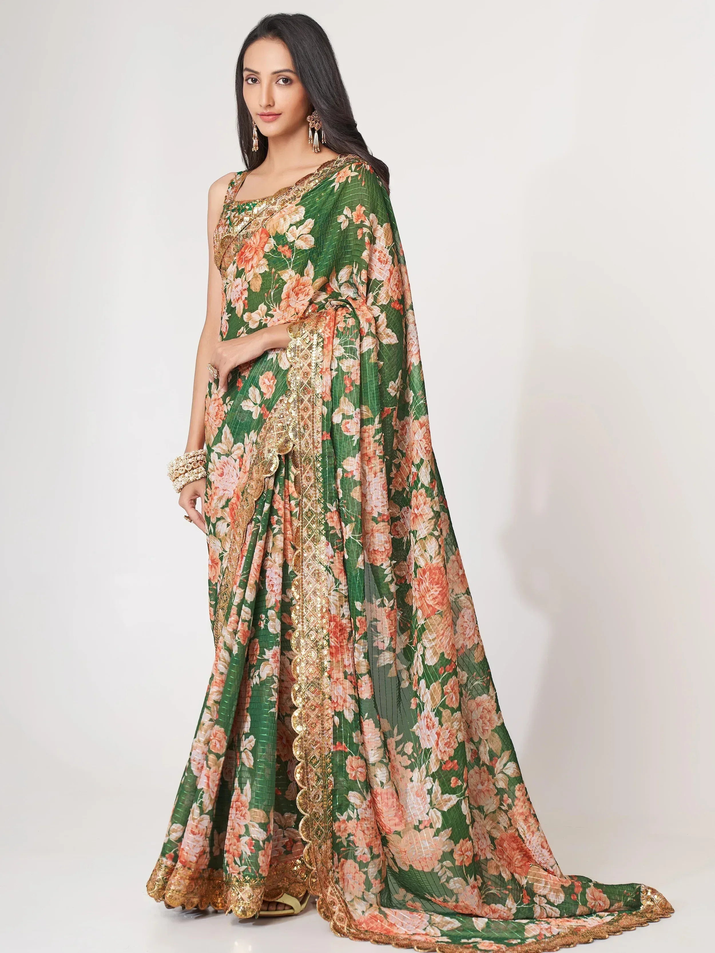 Green floral saree with gold embroidery, Indian ethnic wear for women