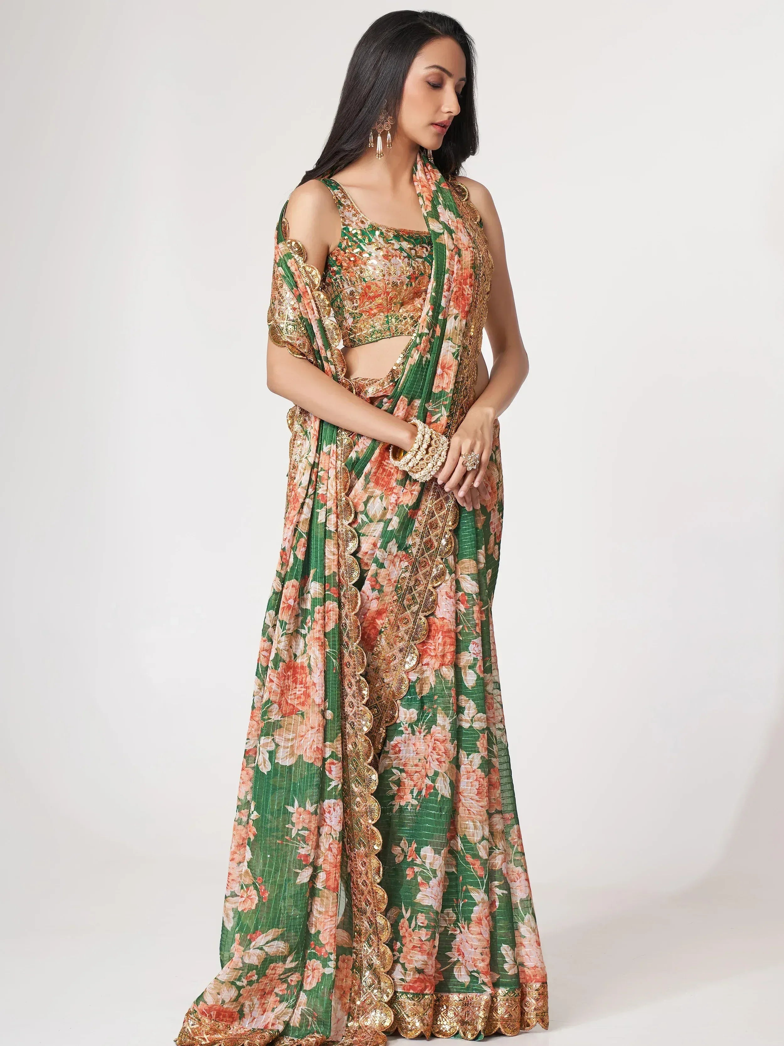 Green floral lehenga choli with gold embroidery, perfect for Indian ethnic wear occasions