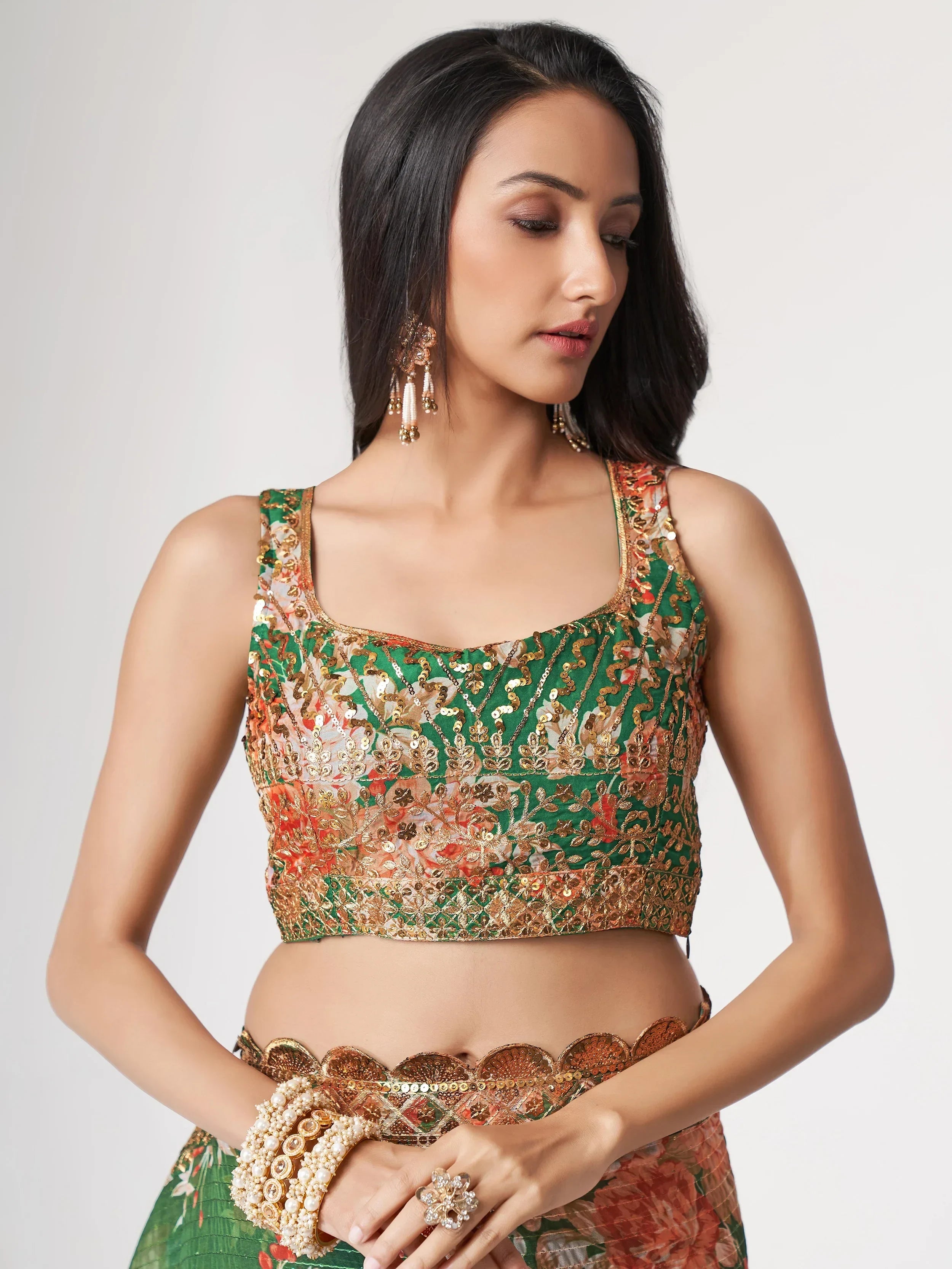 Mesmerizing Green Floral Printed Organza Festive Wear Saree