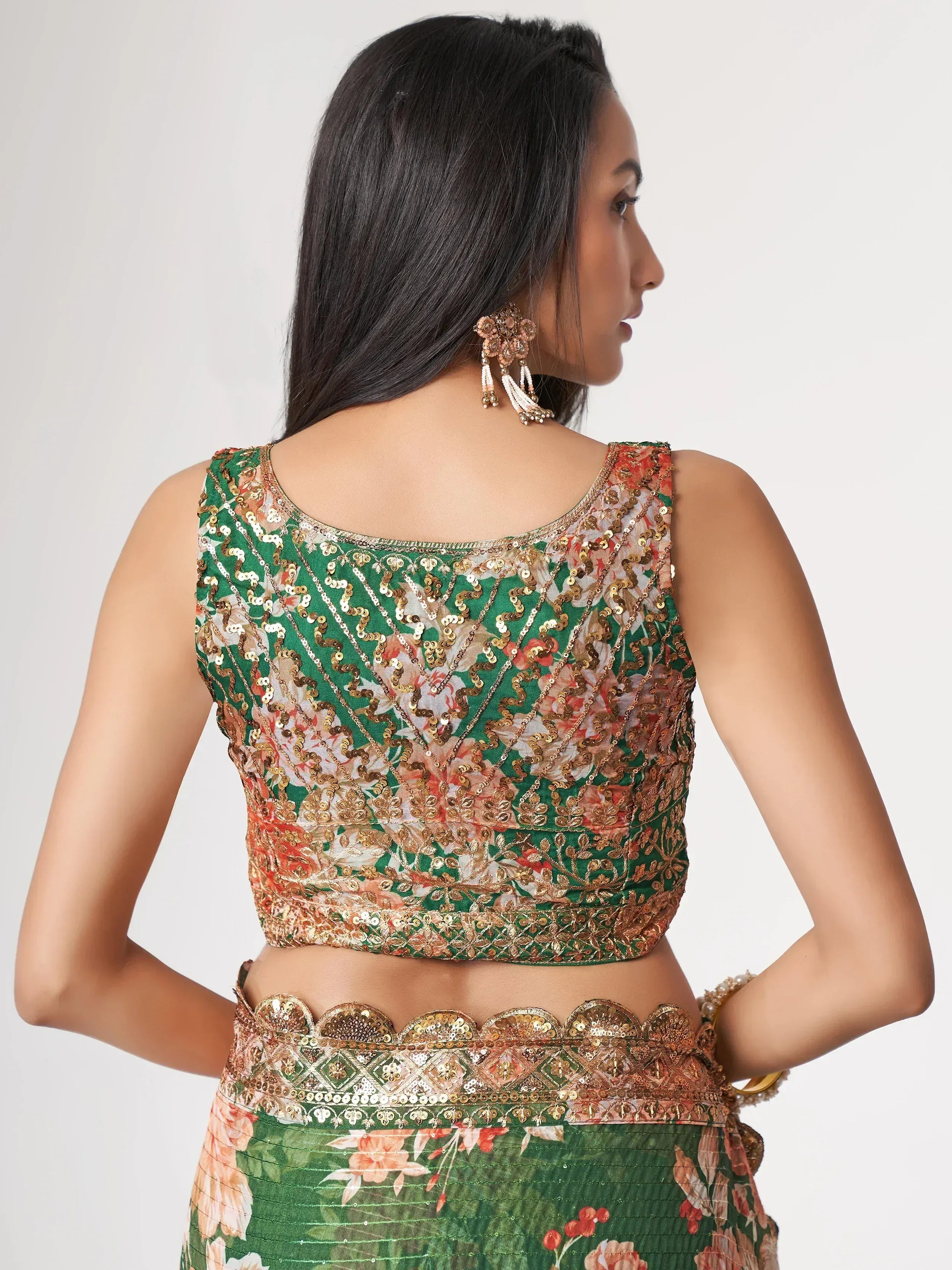 Green floral lehenga choli with gold sequin embroidery, back view