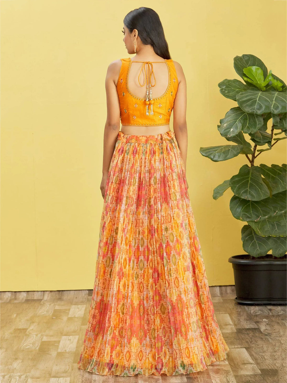 Orange embroidered crop top with back tie & printed pleated skirt, Indian ethnic wear