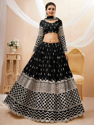 Seductive Black Zari Work Georgette Reception Wear Lehenga Choli