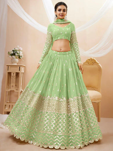 Attractive Pastel Green Sequins Work Georgette Lehenga Choli