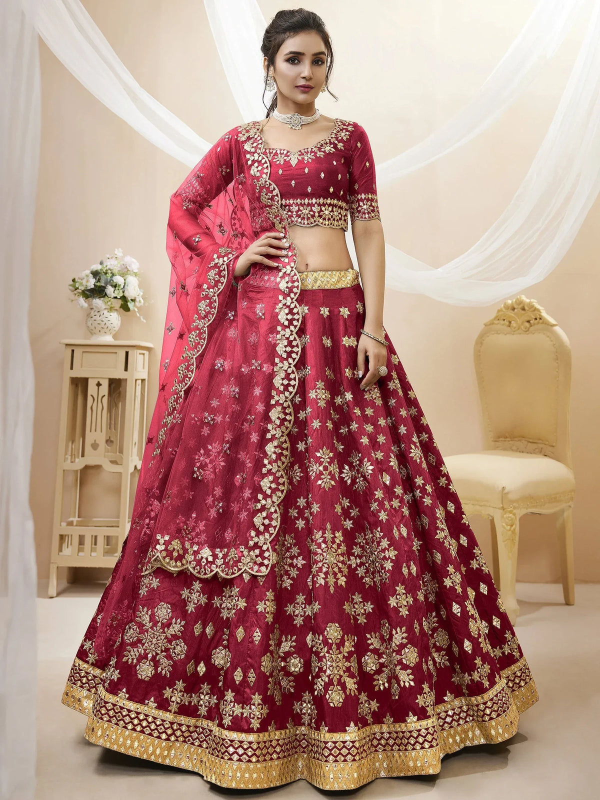 Beautiful Red Embroidered Silk Festival Wear Plus Size Lehenga Choli