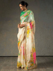 Sabyasachi Off White Floral Orangza Wedding Wear Saree With Blouse