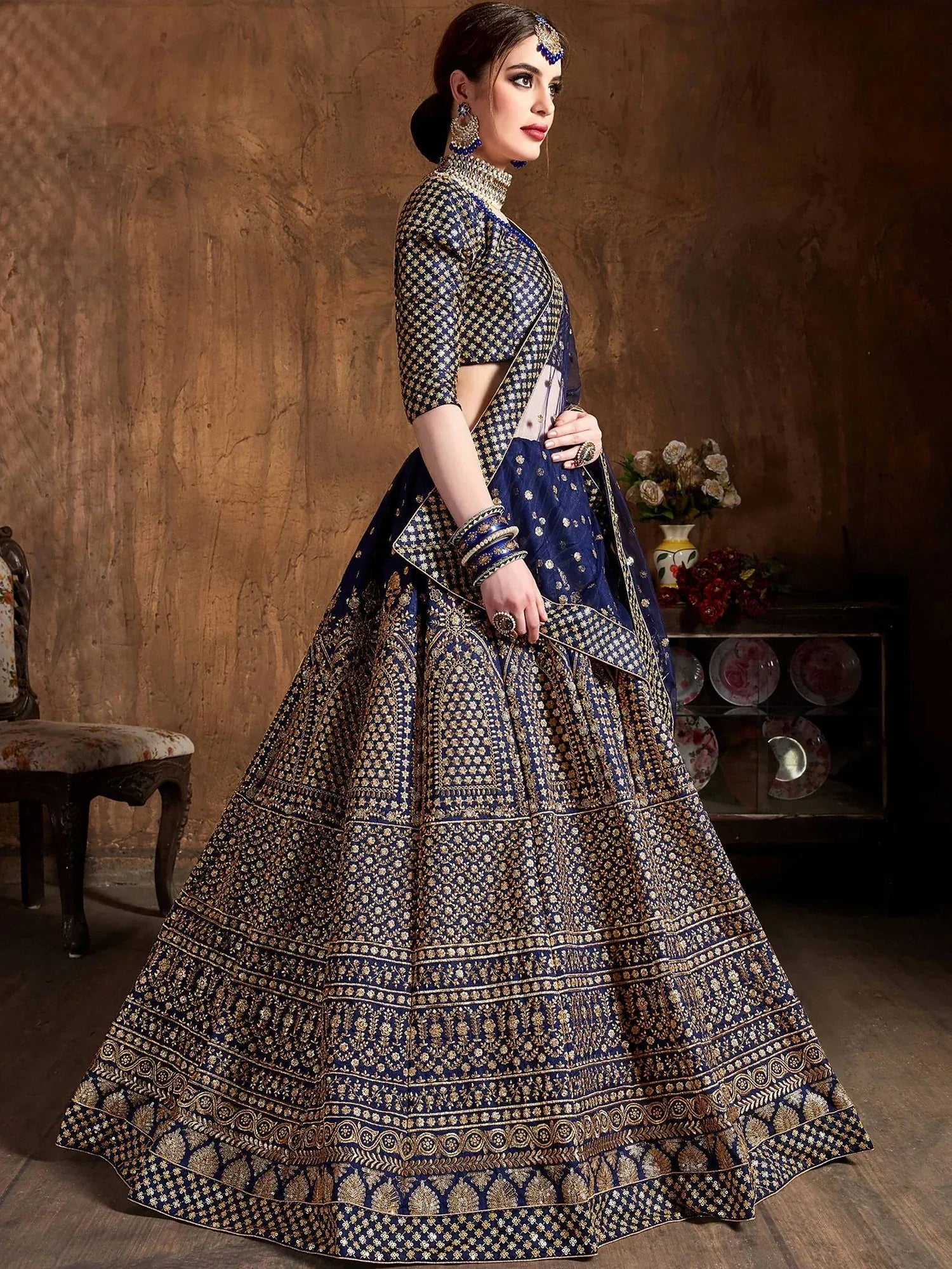 Captivating Blue Sequins Silk Wedding Wear Plus Size Lehenga Choli
