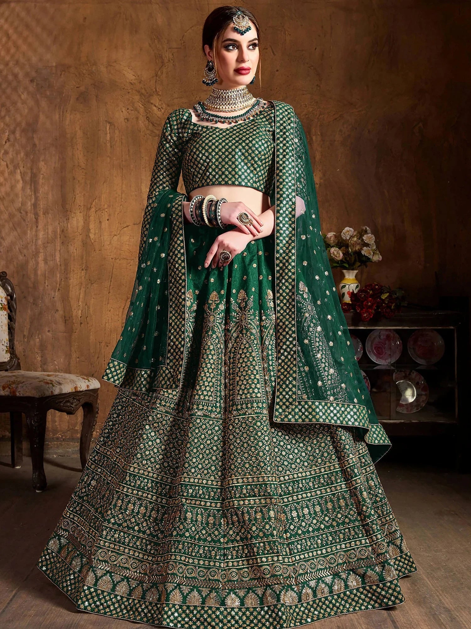 Sparkling Green Sequins Silk Engagement Wear Plus Size Lehenga Choli