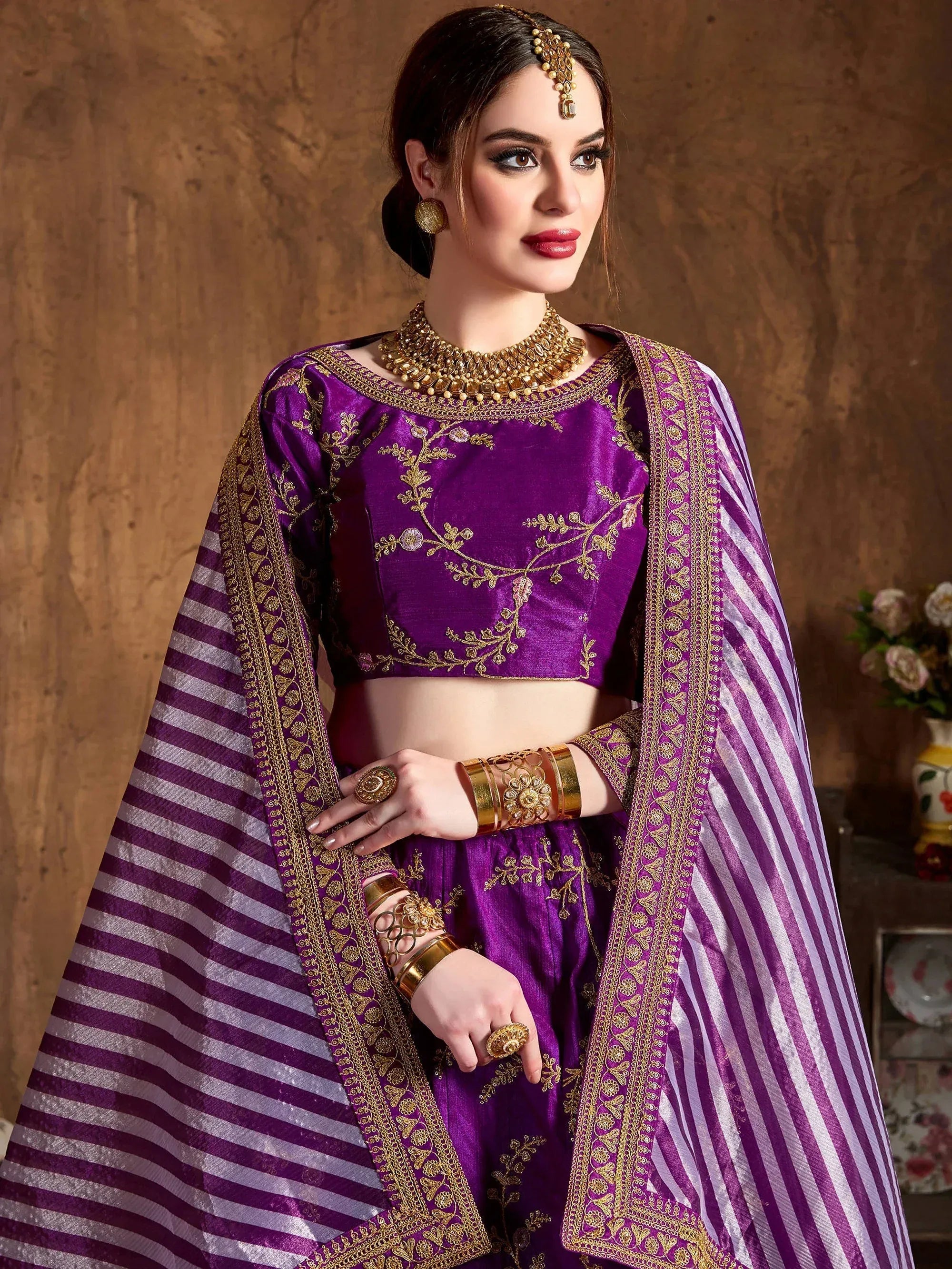 Adorable Purple Embroidered Silk Wedding Wear Plus Size Lehenga Choli