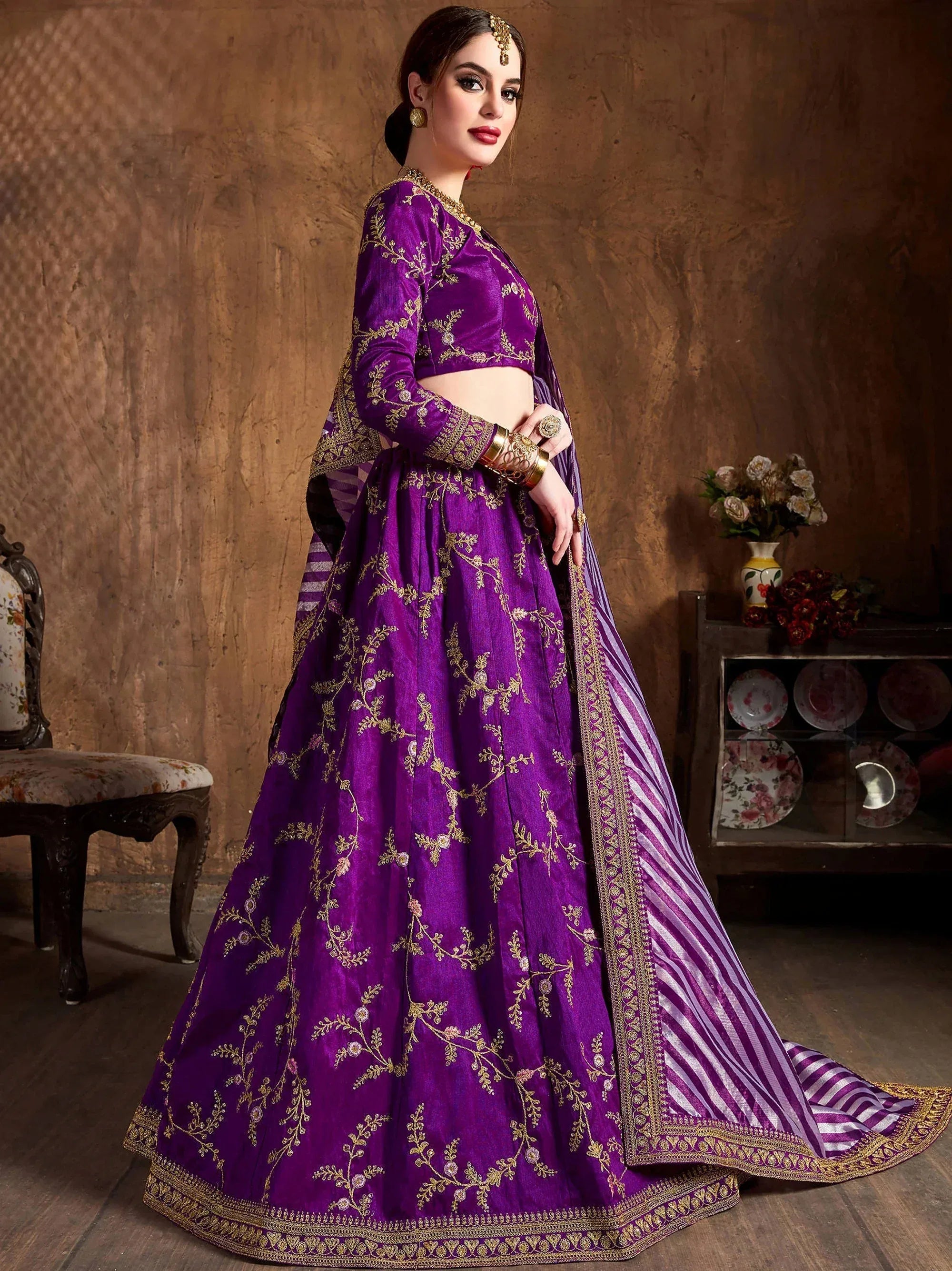 Adorable Purple Embroidered Silk Wedding Wear Plus Size Lehenga Choli