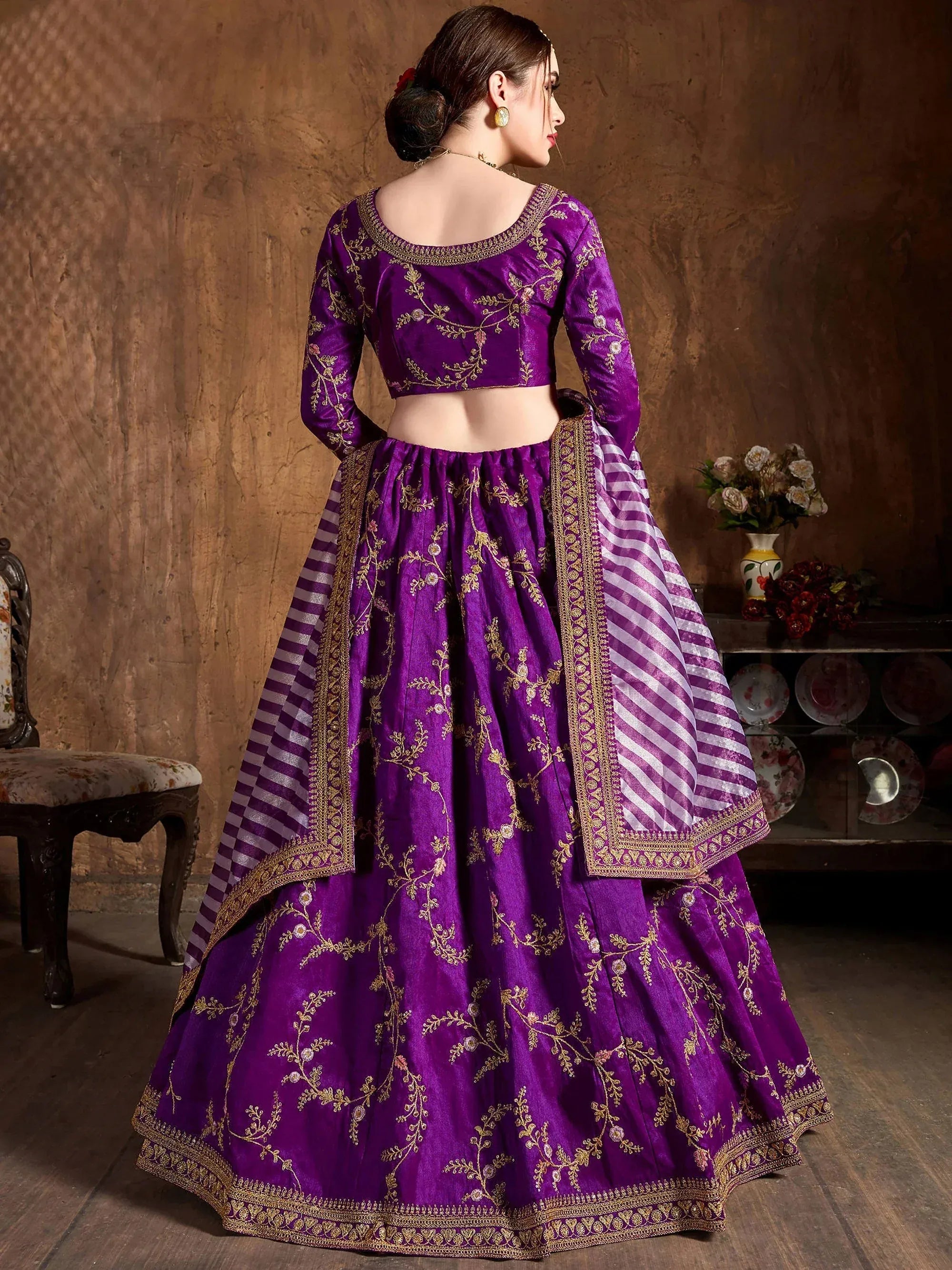 Adorable Purple Embroidered Silk Wedding Wear Plus Size Lehenga Choli
