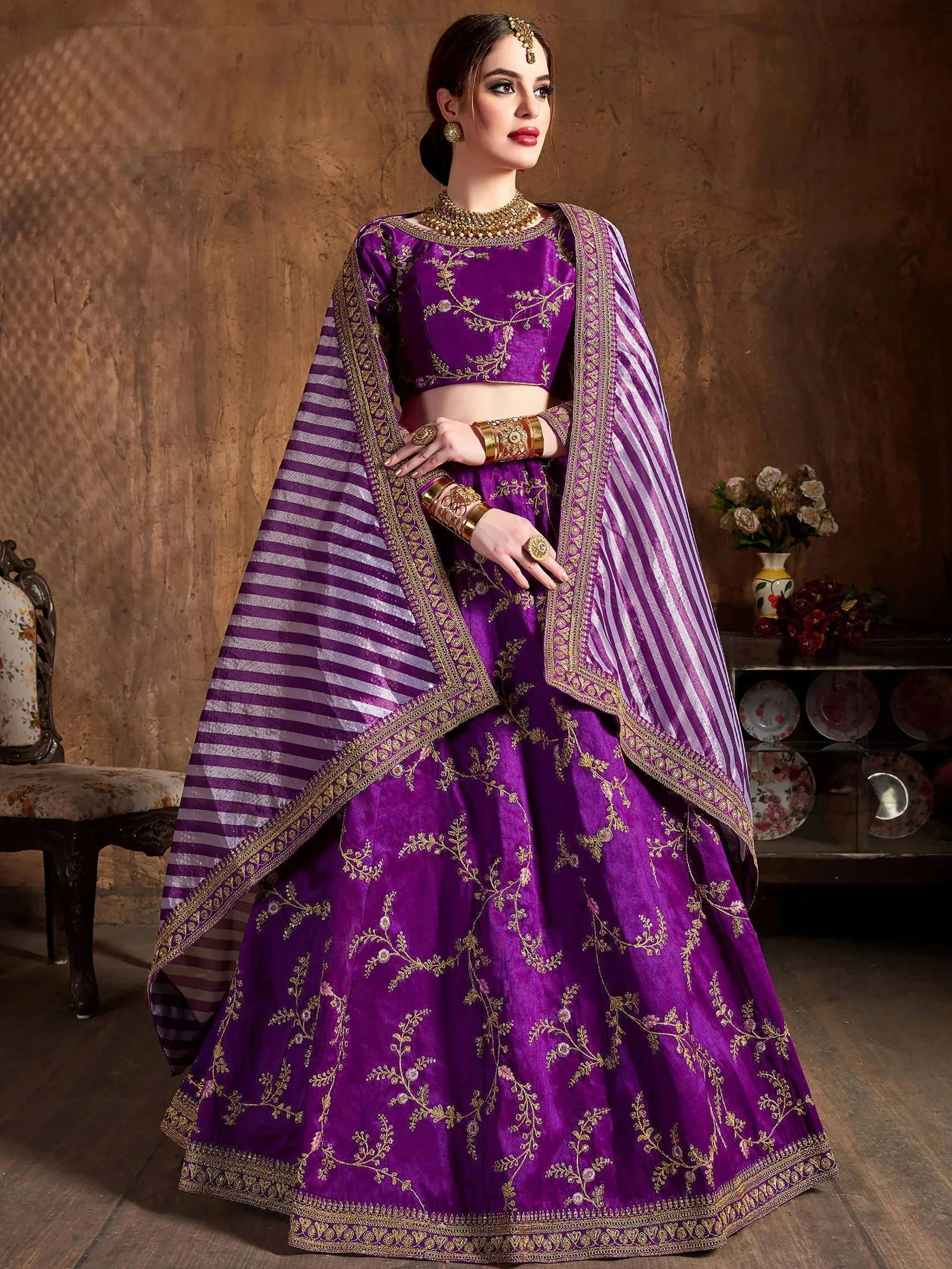 Adorable Purple Embroidered Silk Wedding Wear Plus Size Lehenga Choli