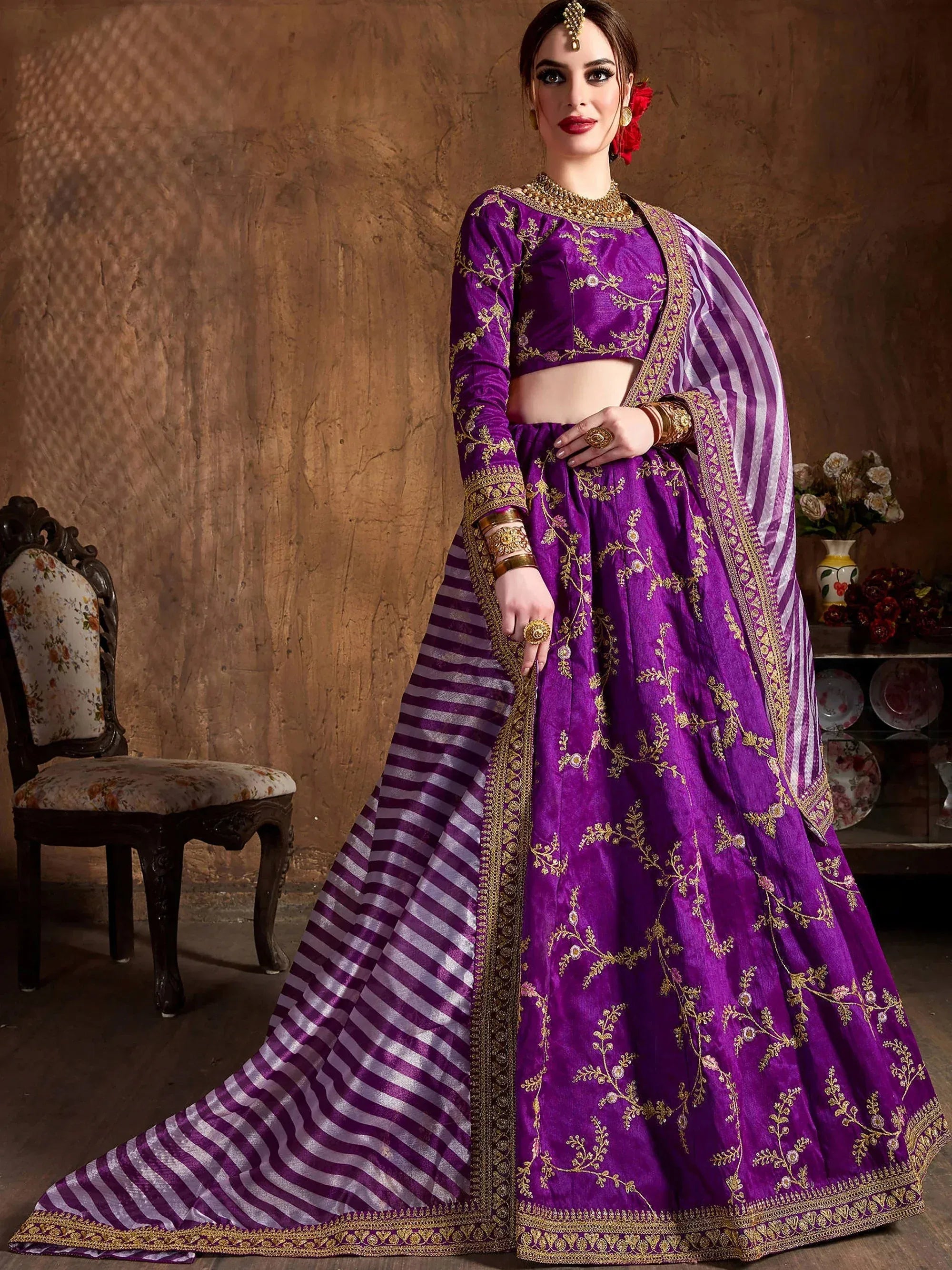 Adorable Purple Embroidered Silk Wedding Wear Plus Size Lehenga Choli