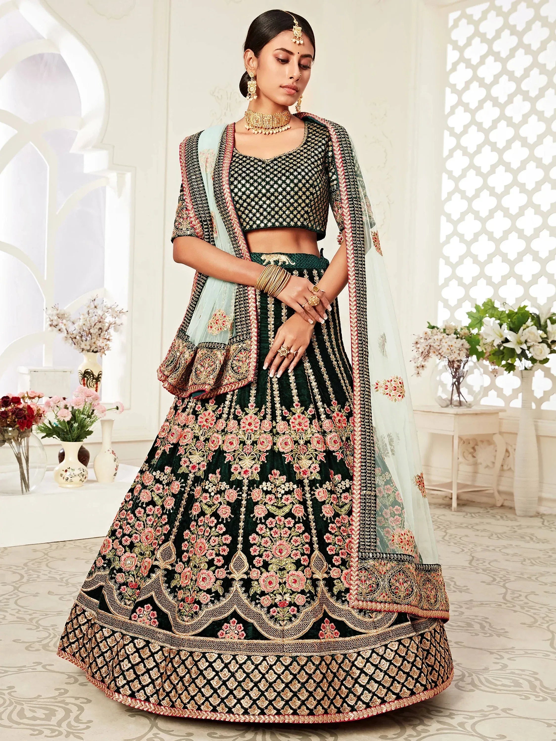 Elegant Green Embroidered Velvet Wedding Wear Plus Size Lehenga Choli