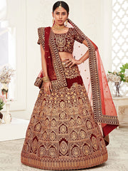 Alluring Maroon Embroidered Velvet Bridal Plus Size Lehenga Choli