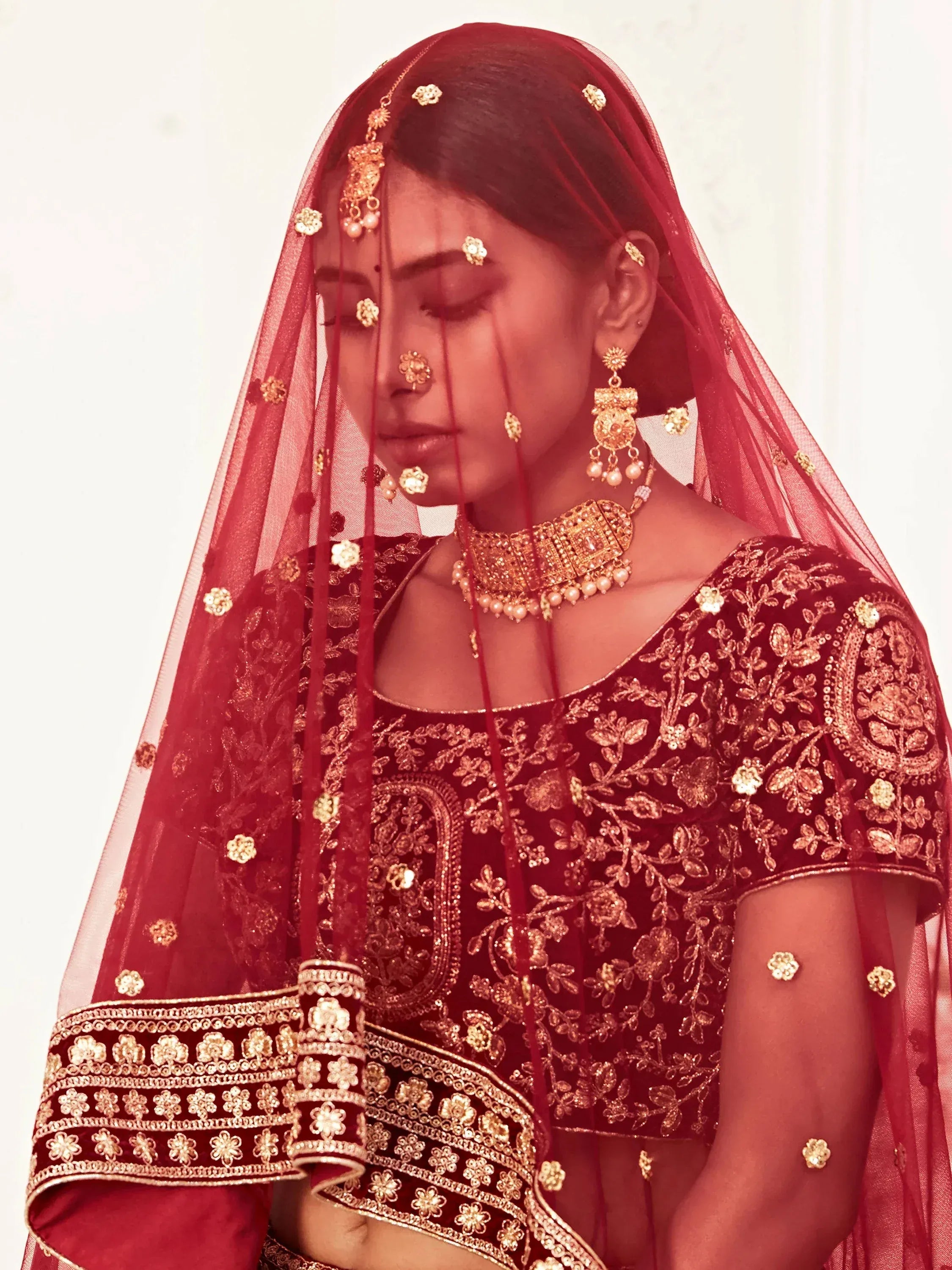 Alluring Maroon Embroidered Velvet Bridal Plus Size Lehenga Choli