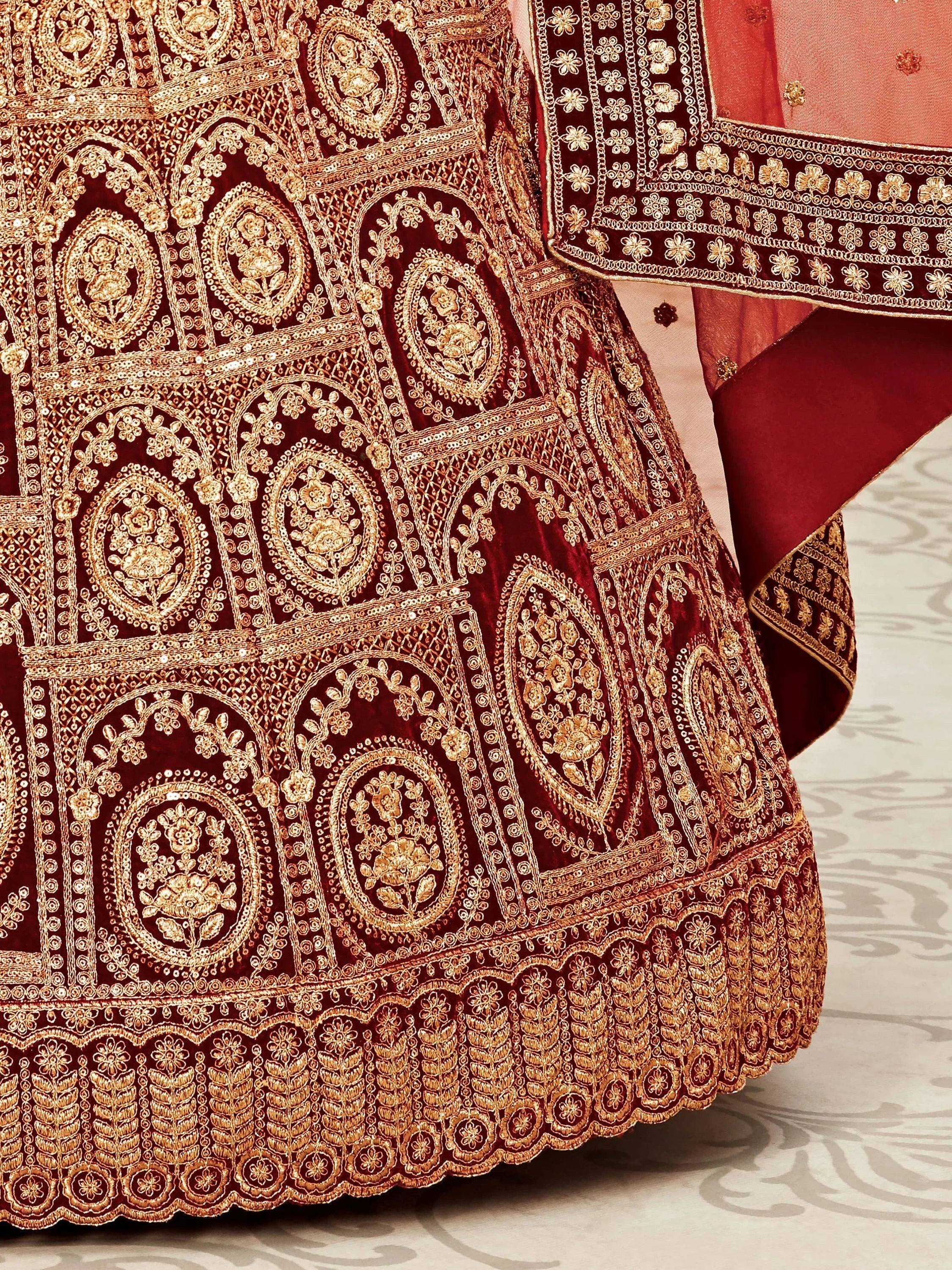 Alluring Maroon Embroidered Velvet Bridal Plus Size Lehenga Choli