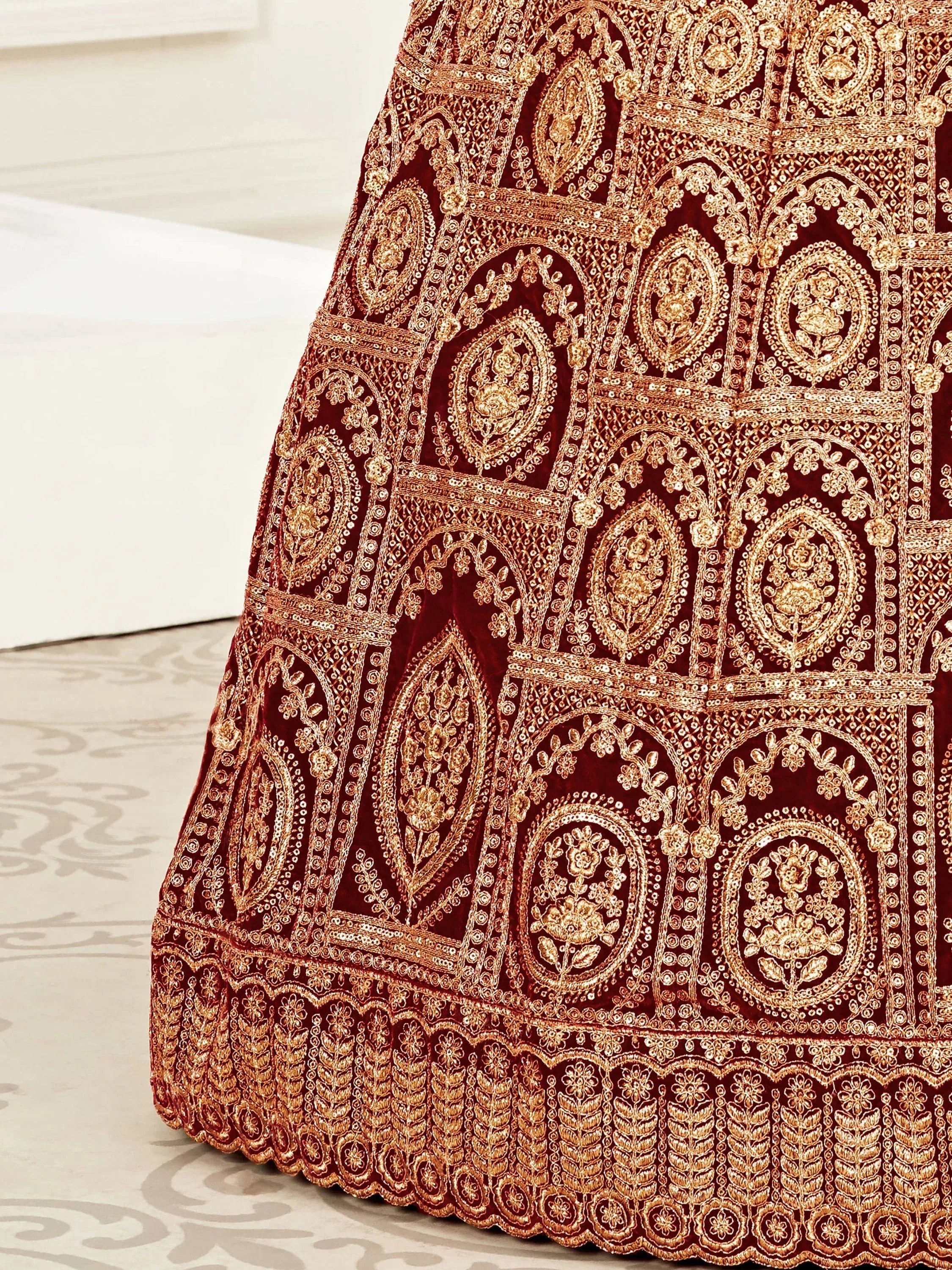 Alluring Maroon Embroidered Velvet Bridal Plus Size Lehenga Choli