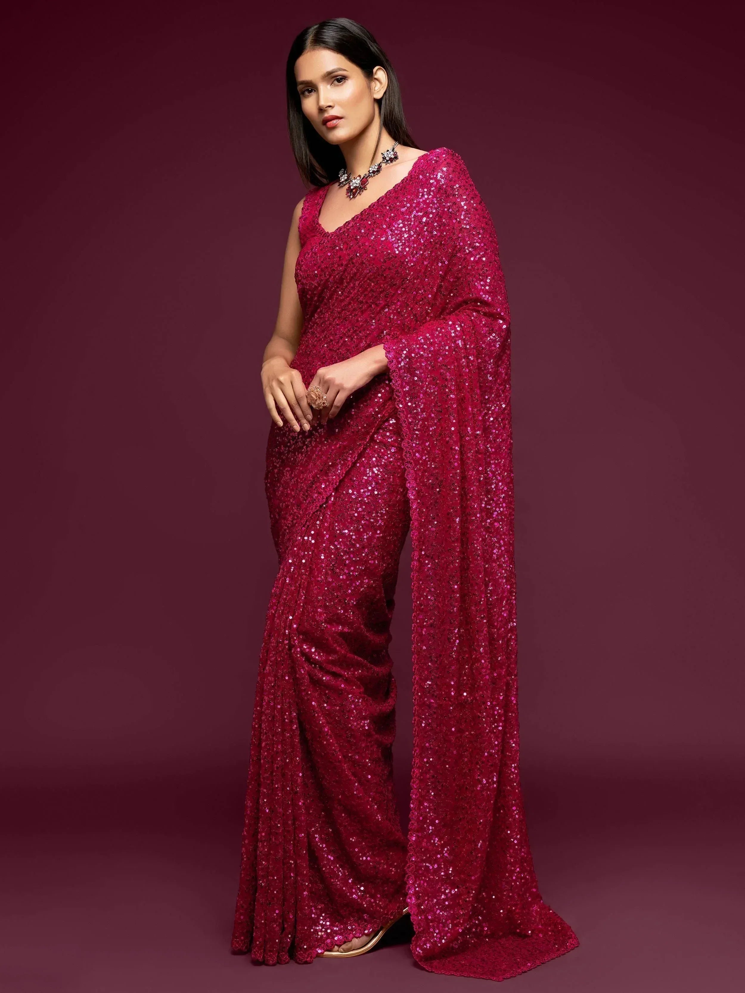 Isha Ambani Sabyasachi Pink Sequins Georgette Party Wear Saree With Blouse