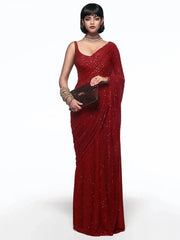 Sabyasachi Red Sequins Party Wear Saree With Blouse