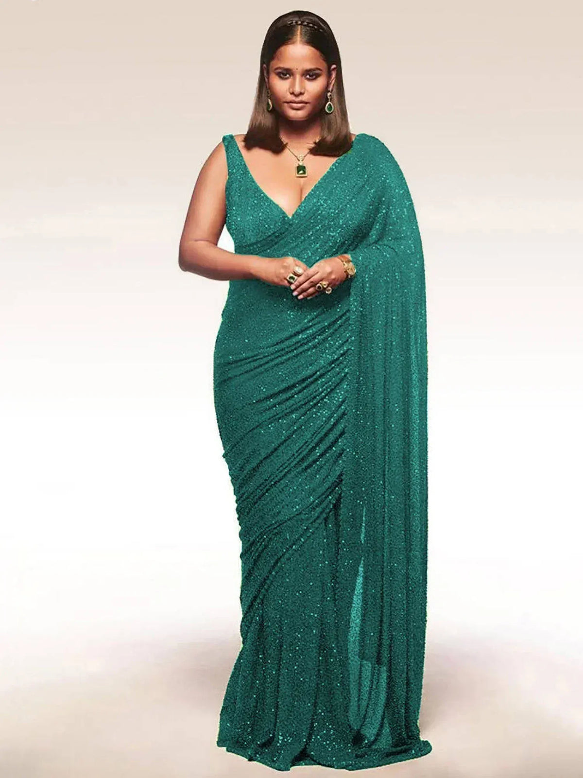 Emerald green sequin saree with V-neck blouse, perfect for Indian ethnic occasions and festive events.