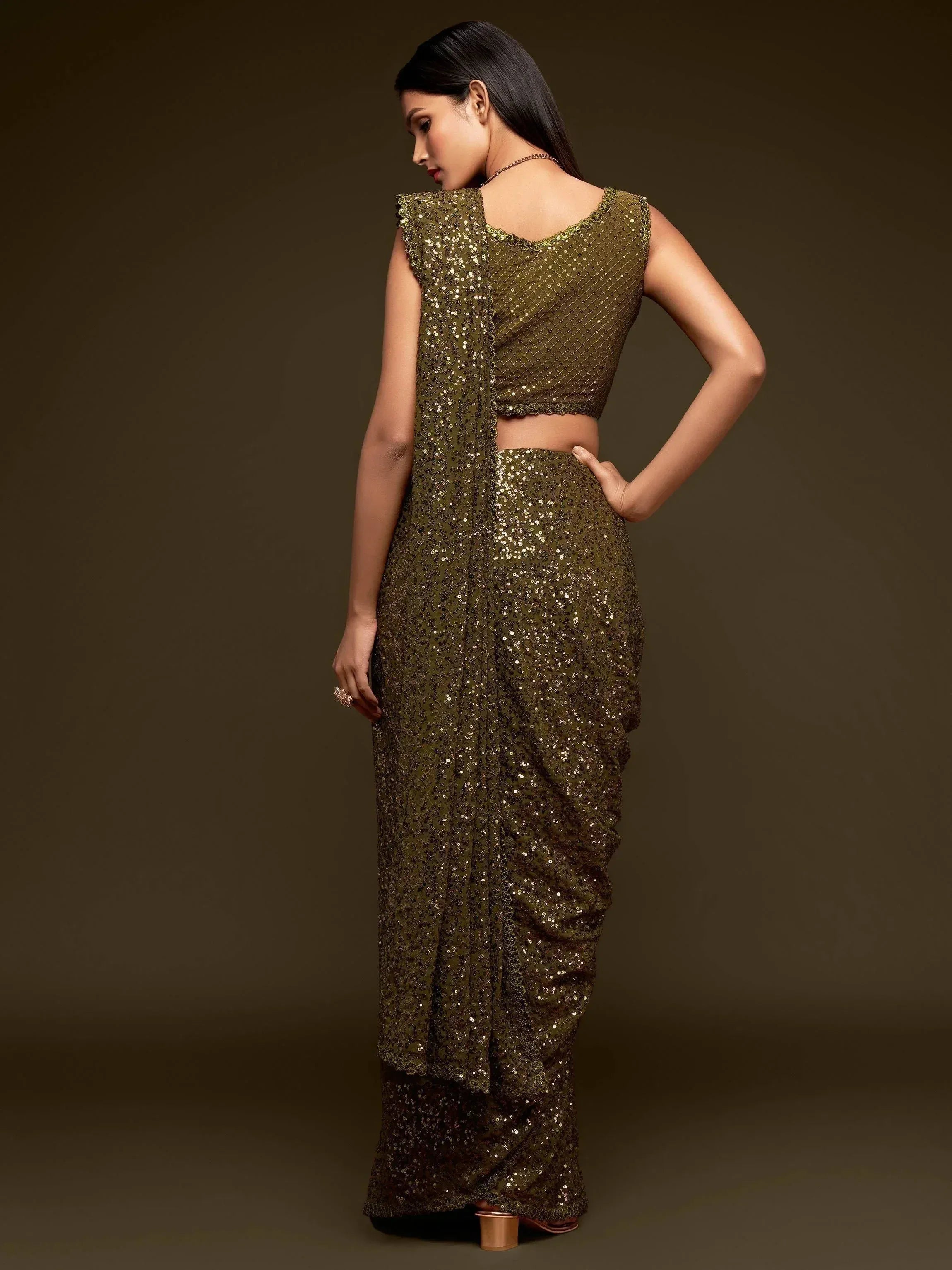 Olive green sequin saree with matching blouse, ethnic Indian wear for festive occasions