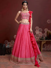 Pretty Pink Digital Print Embroidery Chinon Silk Party Wear Lehenga Choli