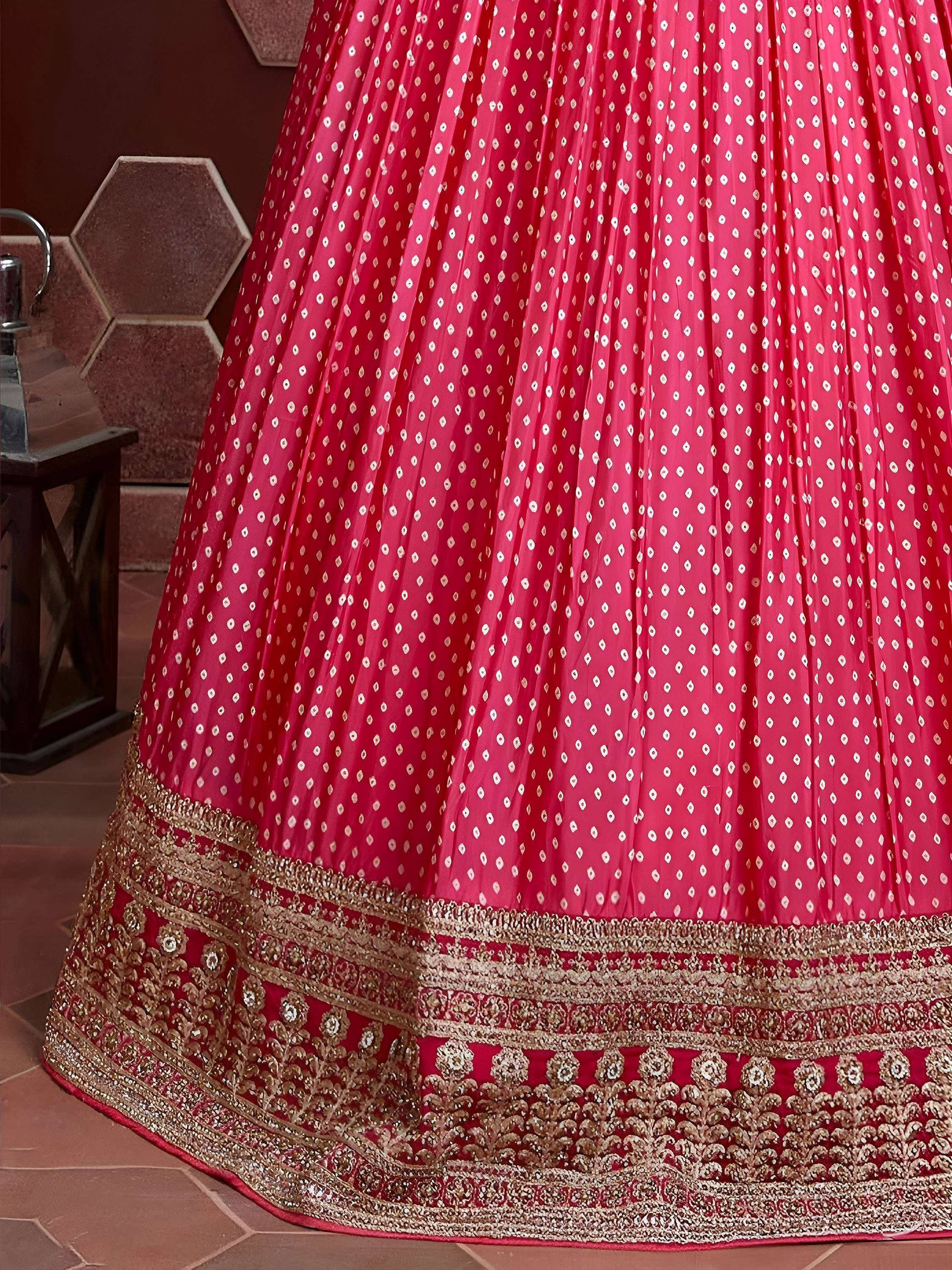 Pink lehenga with gold embroidery and mirror work, Indian ethnic wear