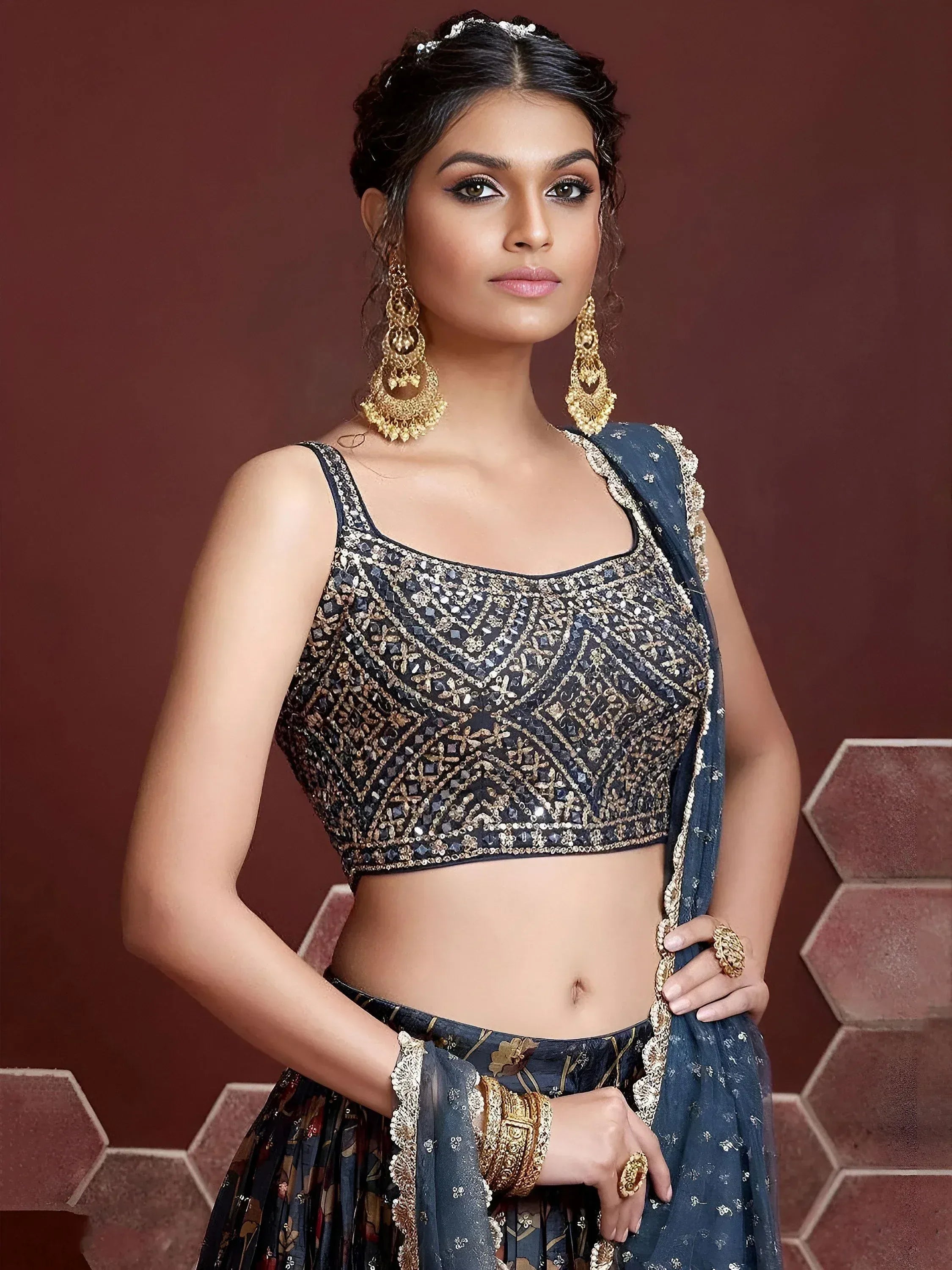 Wonderful Blue Digital Print Embroidery Chinon Silk Party Wear Lehenga Choli