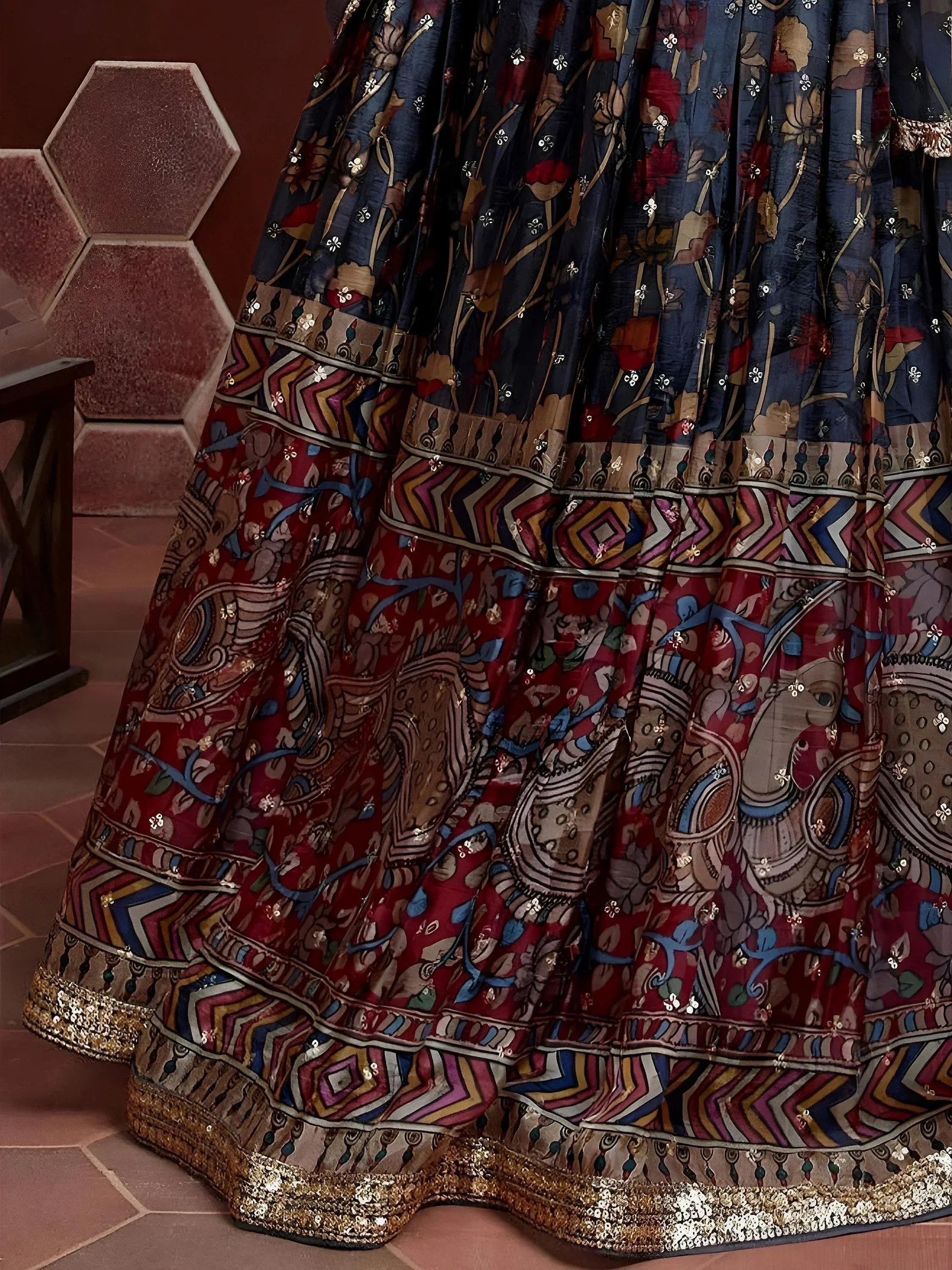 Wonderful Blue Digital Print Embroidery Chinon Silk Party Wear Lehenga Choli