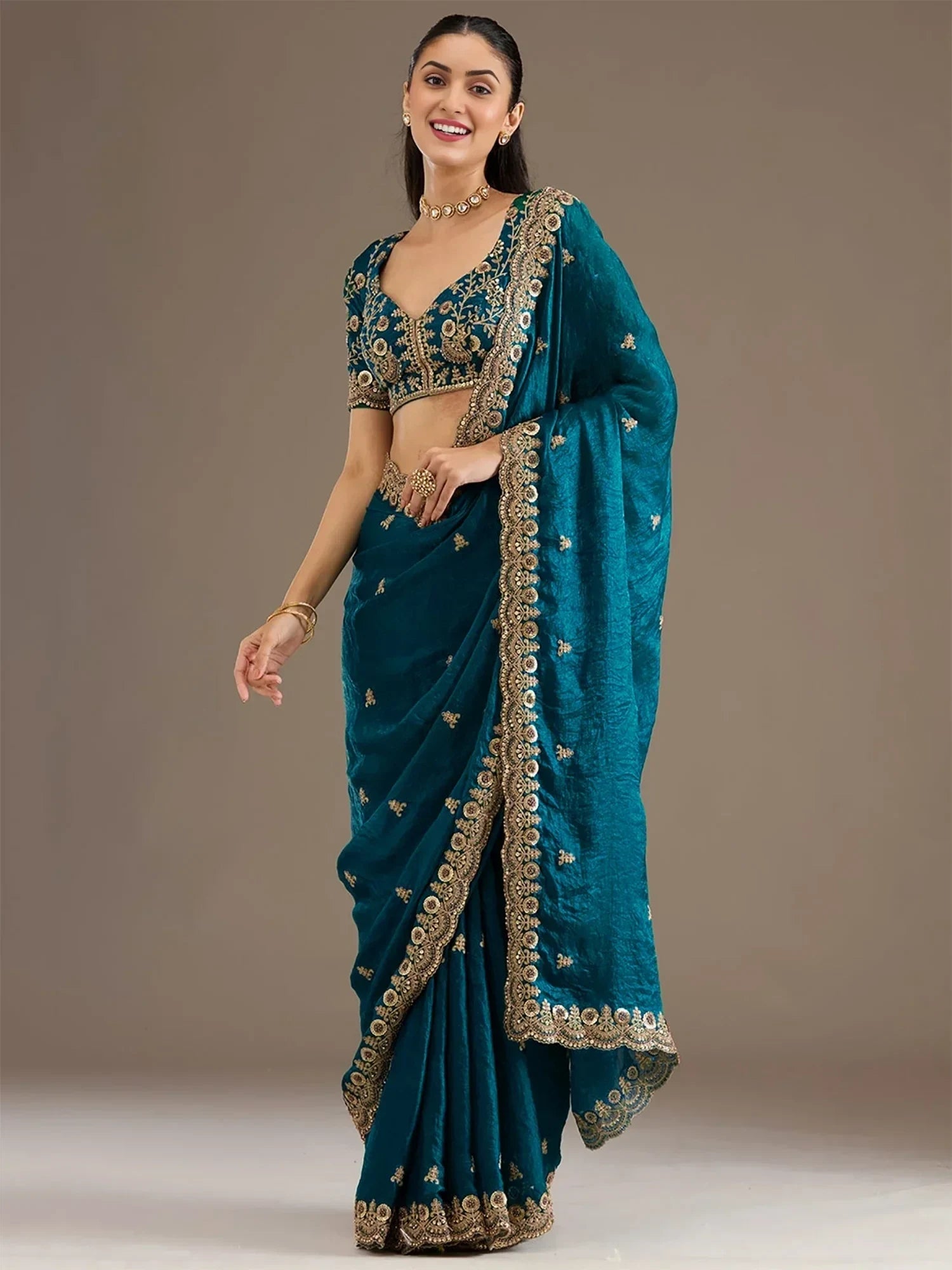 Elegant Blue Embroidered Tissue Silk Party Wear Saree With Blouse