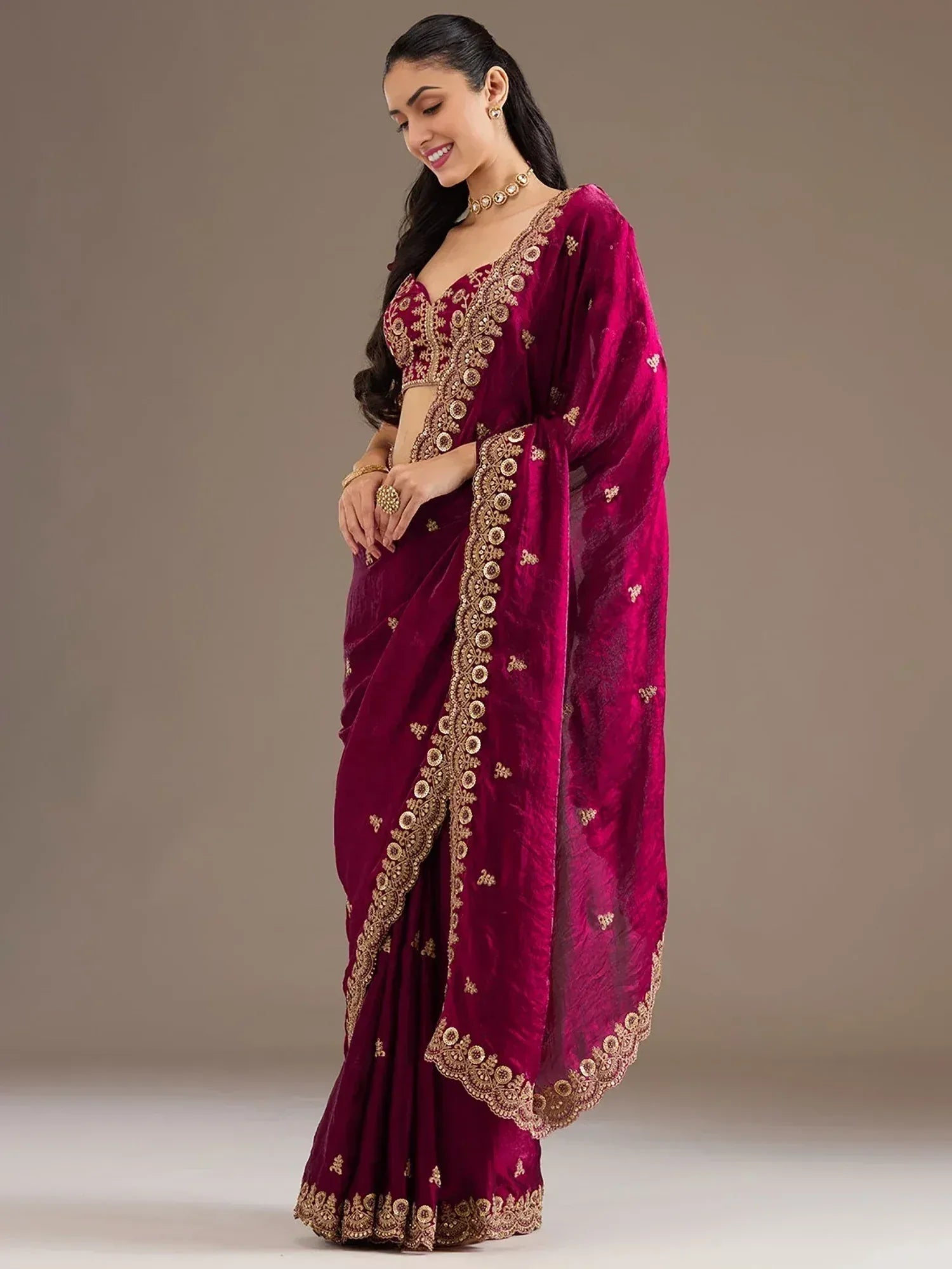 Burgundy velvet saree with gold embroidery, perfect for Indian ethnic wear and festive occasions