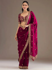 Alluring Maroon Zari Embroidered Silk Party Wear Saree With Blouse
