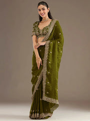Amazing Green Embroidered Silk Festival Wear Saree With Blouse