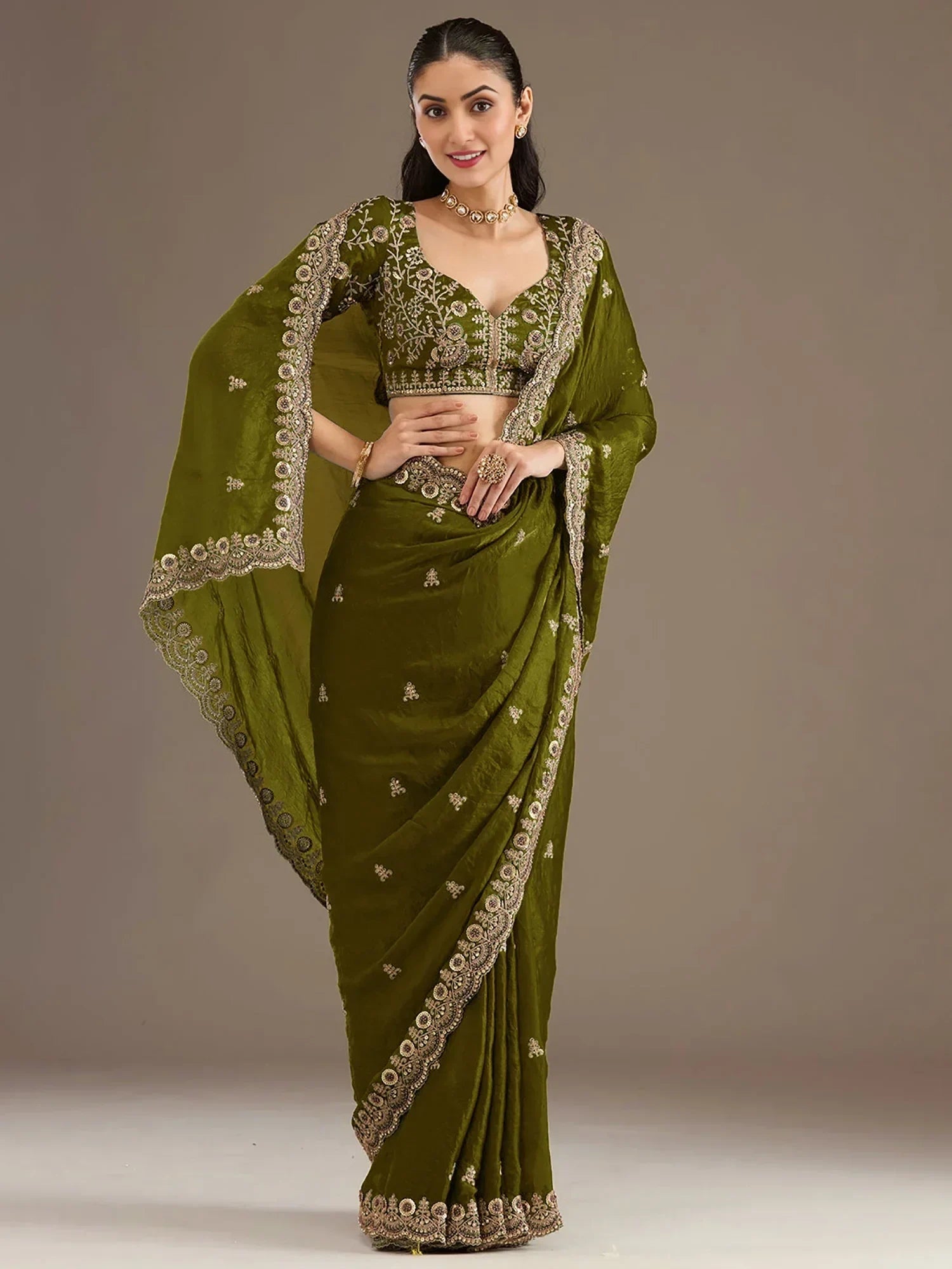 Amazing Green Embroidered Silk Festival Wear Saree With Blouse