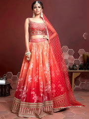 Marvelous Orange Digital Print Embroidery Tebby Silk Party Wear Lehenga Choli