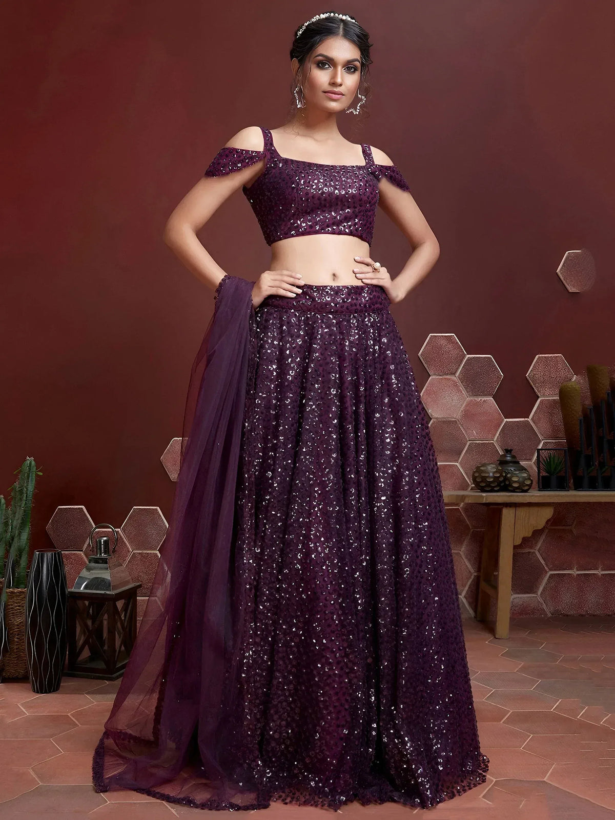 Purple sequin lehenga choli with cold shoulder blouse and sheer dupatta, Indian ethnic wear