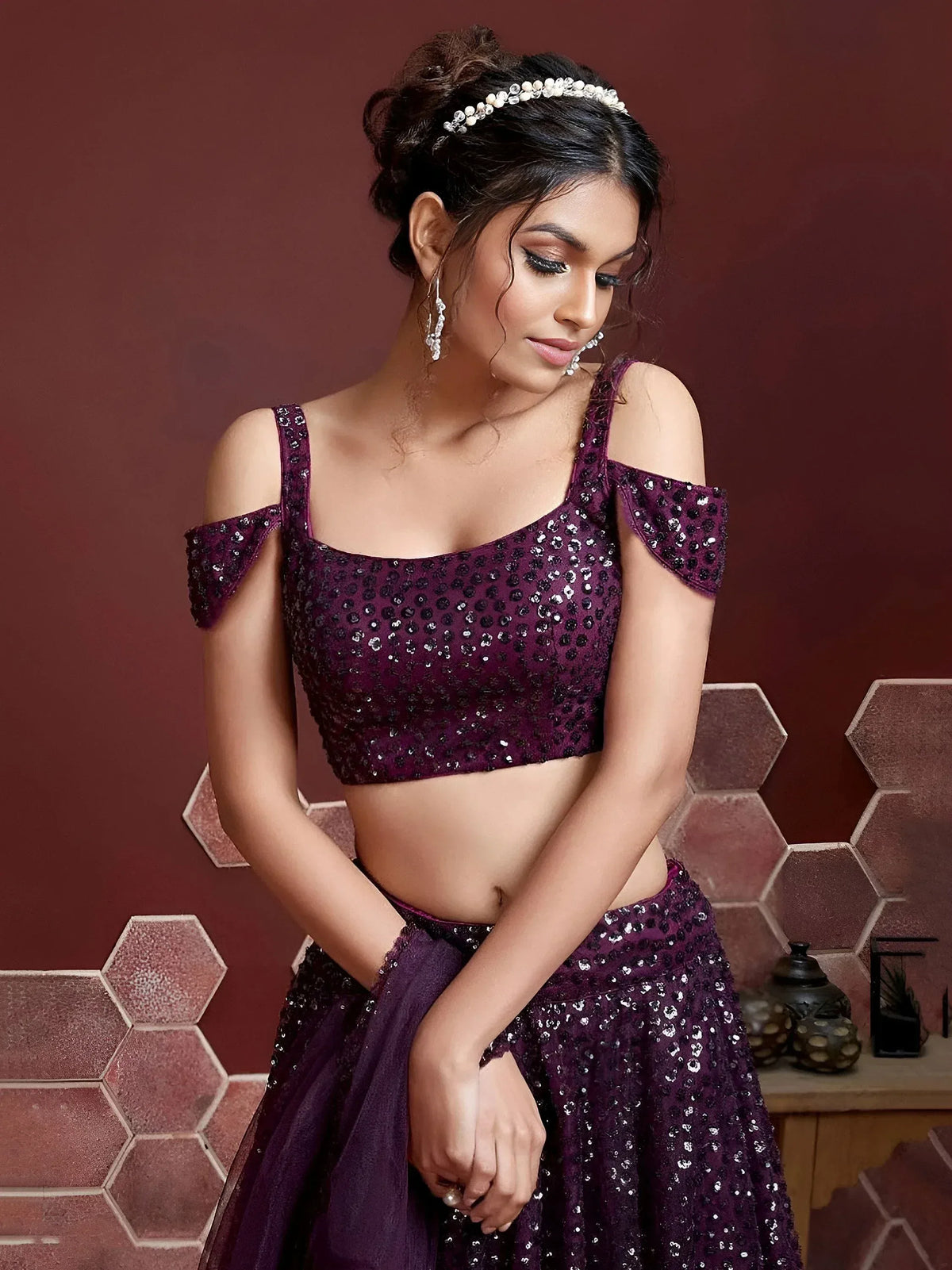 Purple sequin lehenga choli with cold shoulder blouse, perfect for Indian ethnic wear events