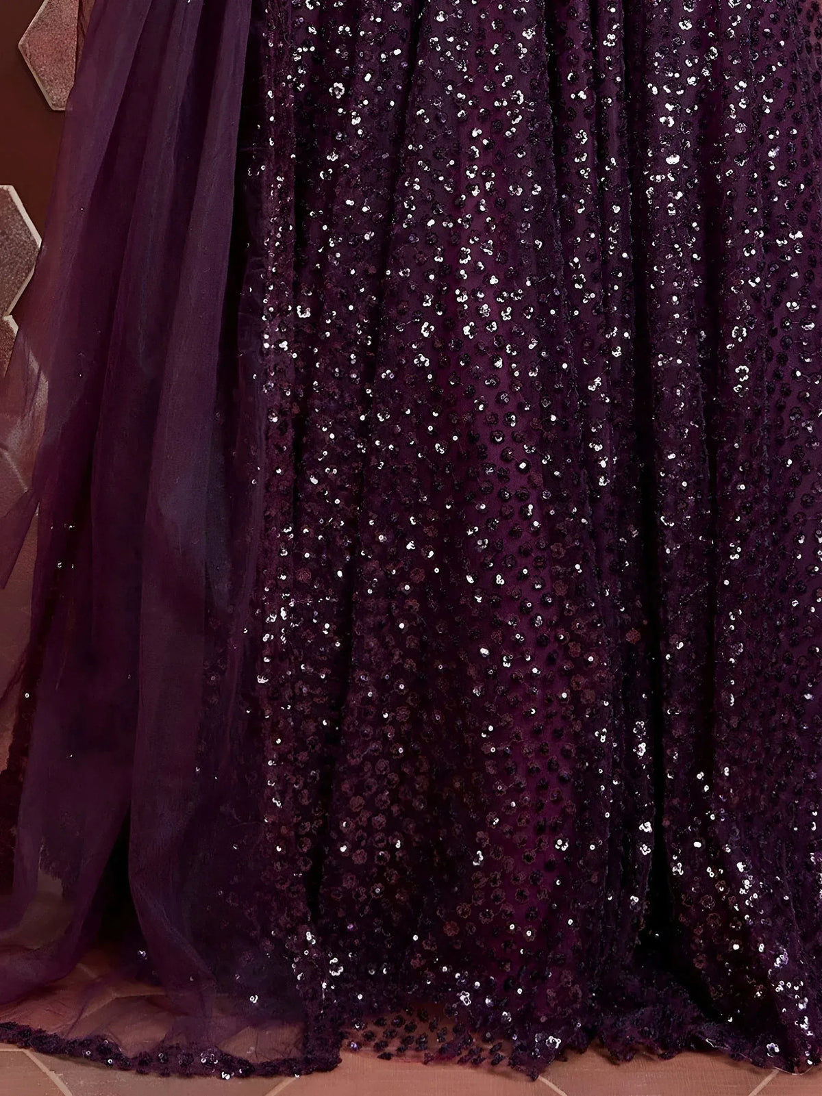 Deep purple sequin lehenga skirt with sheer overlay, perfect for Indian ethnic wear events