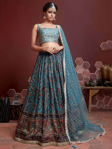 Wondrous Blue Embroidery Chinon Silk Party Wear Lehenga Choli