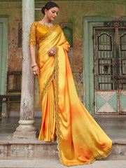 Dazzling Alphanso Yellow Sequined Satin Festive Wear Saree With Blouse