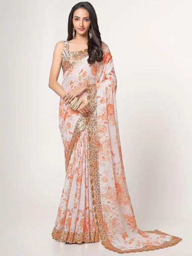 Gorgeous White Floral Printed Organza Party Wear Saree With Blouse