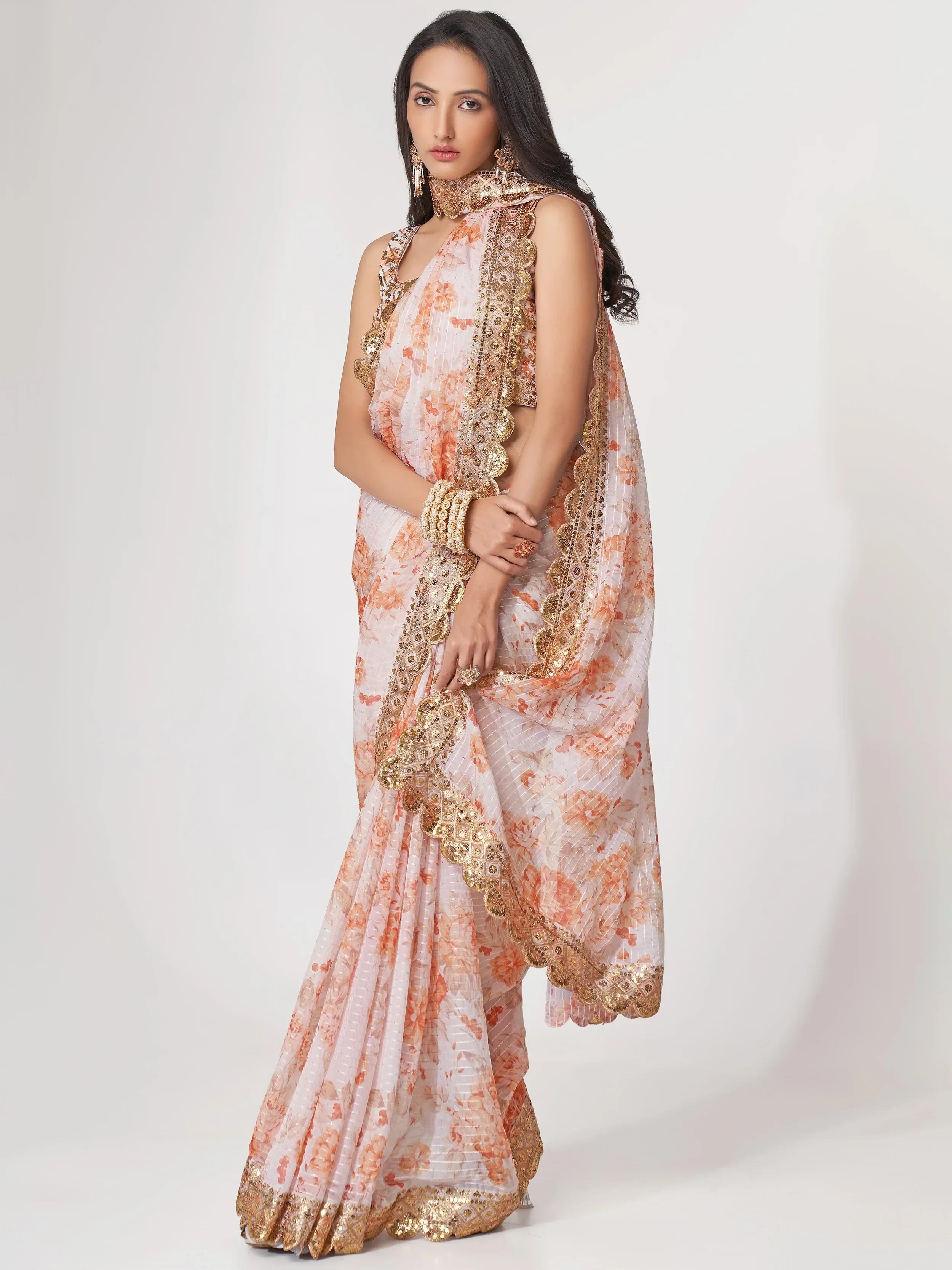 Gorgeous White Floral Printed Organza Party Wear Saree With Blouse