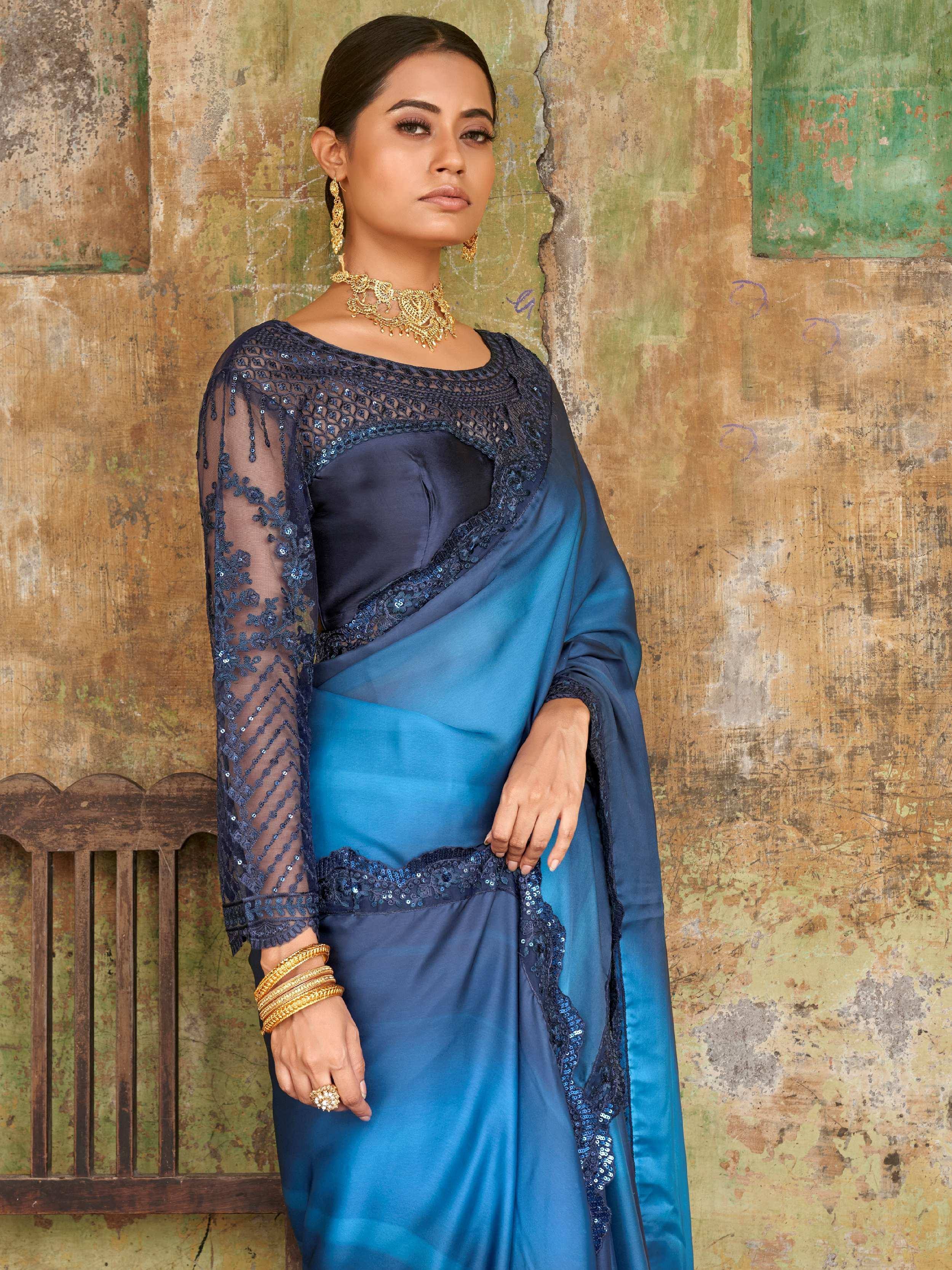 Astounding Navy-Blue Sequined Satin Festive Wear Saree With Blouse