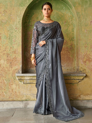 Winning Grey Sequined Embroidered Satin Party Wear Saree With Blouse